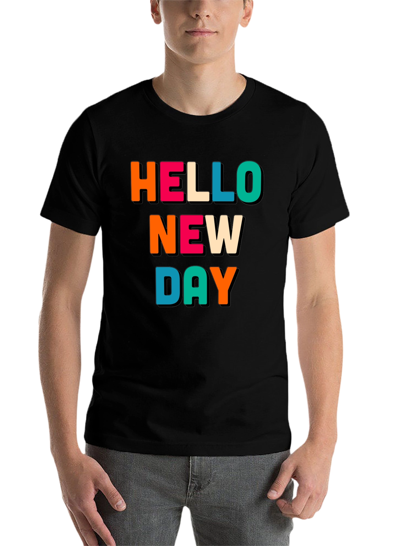 Black Hello New Day Graphic Tee - Unisex Black Cotton T-Shirt view 7