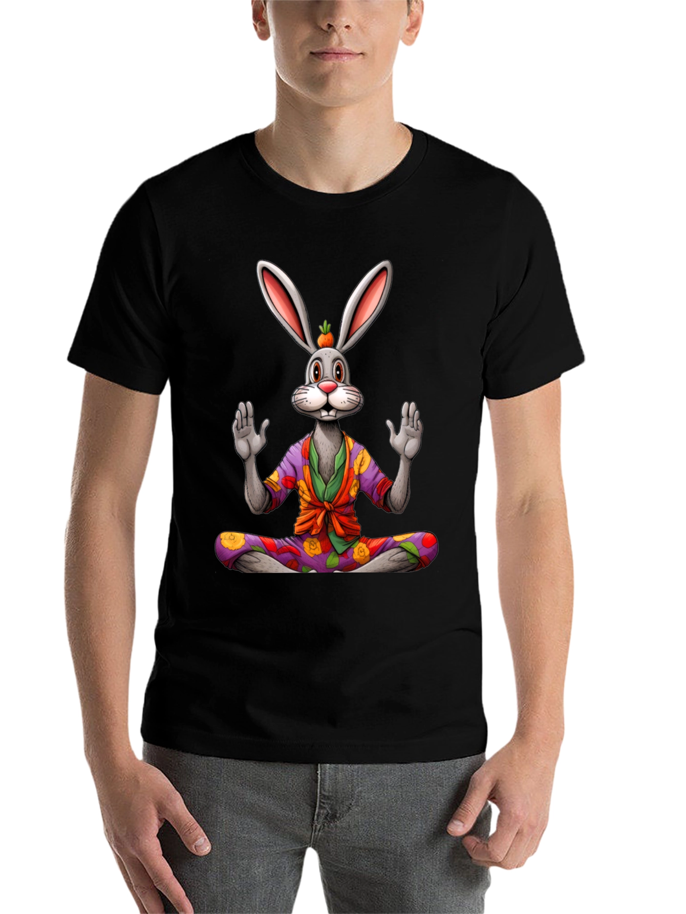 Black Zen Rabbit Graphic Tee - Meditating Hare Shirt view 7