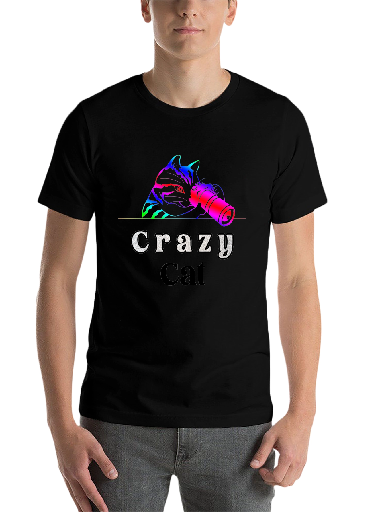 Black Crazy Cat T-Shirt - Novelty Graphic Tee view 7