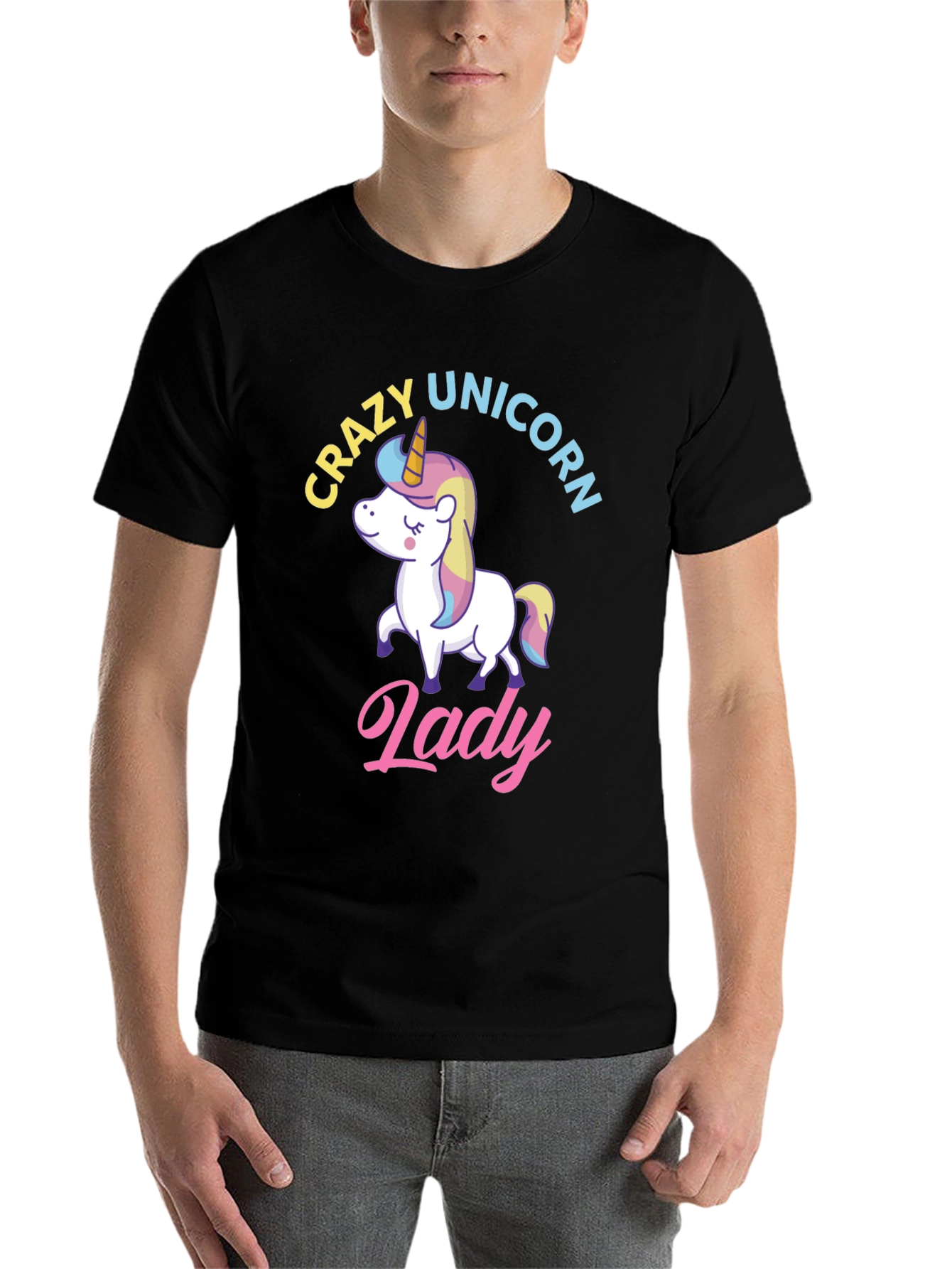 Black Crazy Unicorn Lady T-Shirt - Fun Graphic Tee view 7