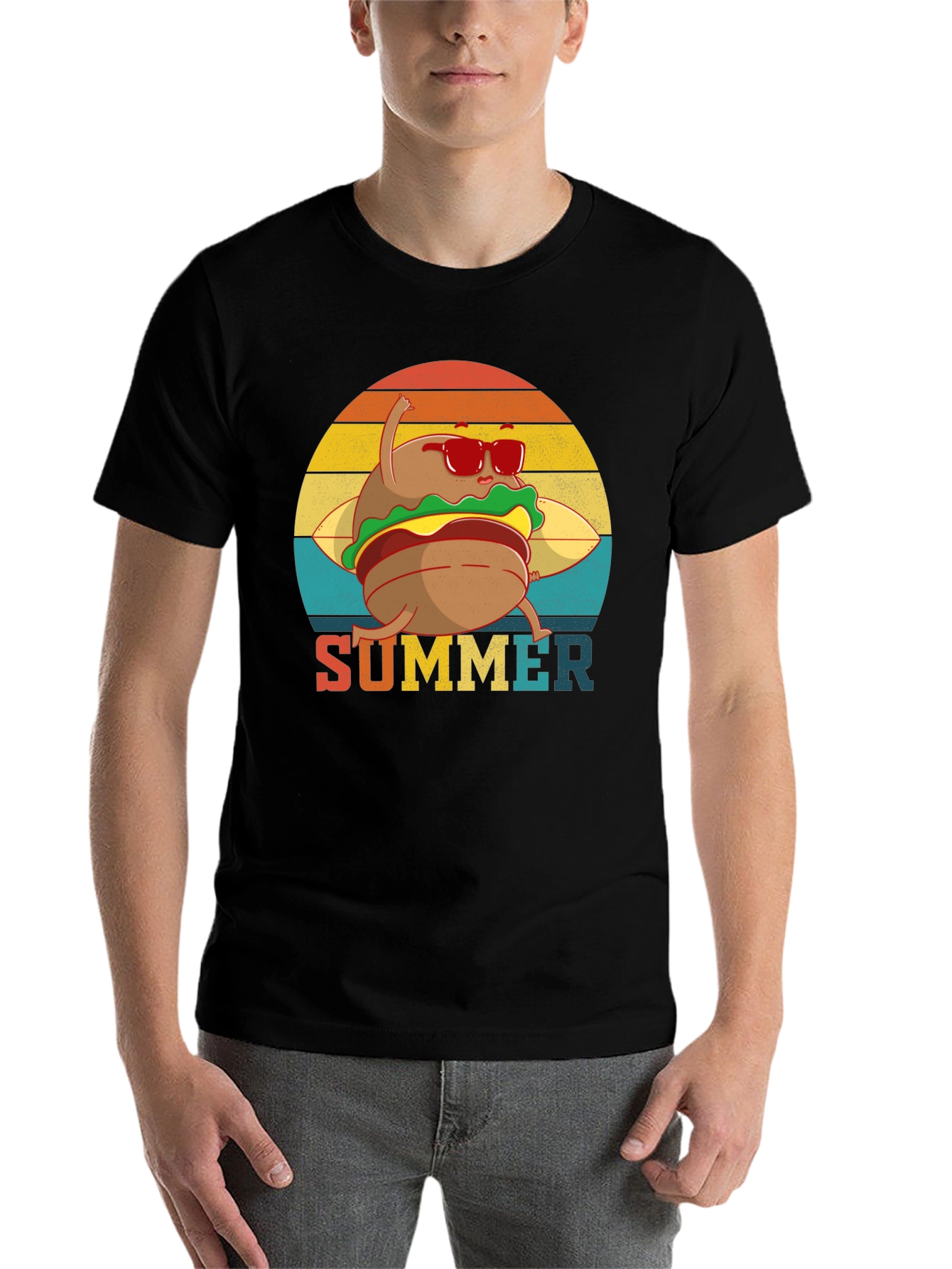 Black Summer Burger Graphic Tee - Black Cotton T-Shirt view 7