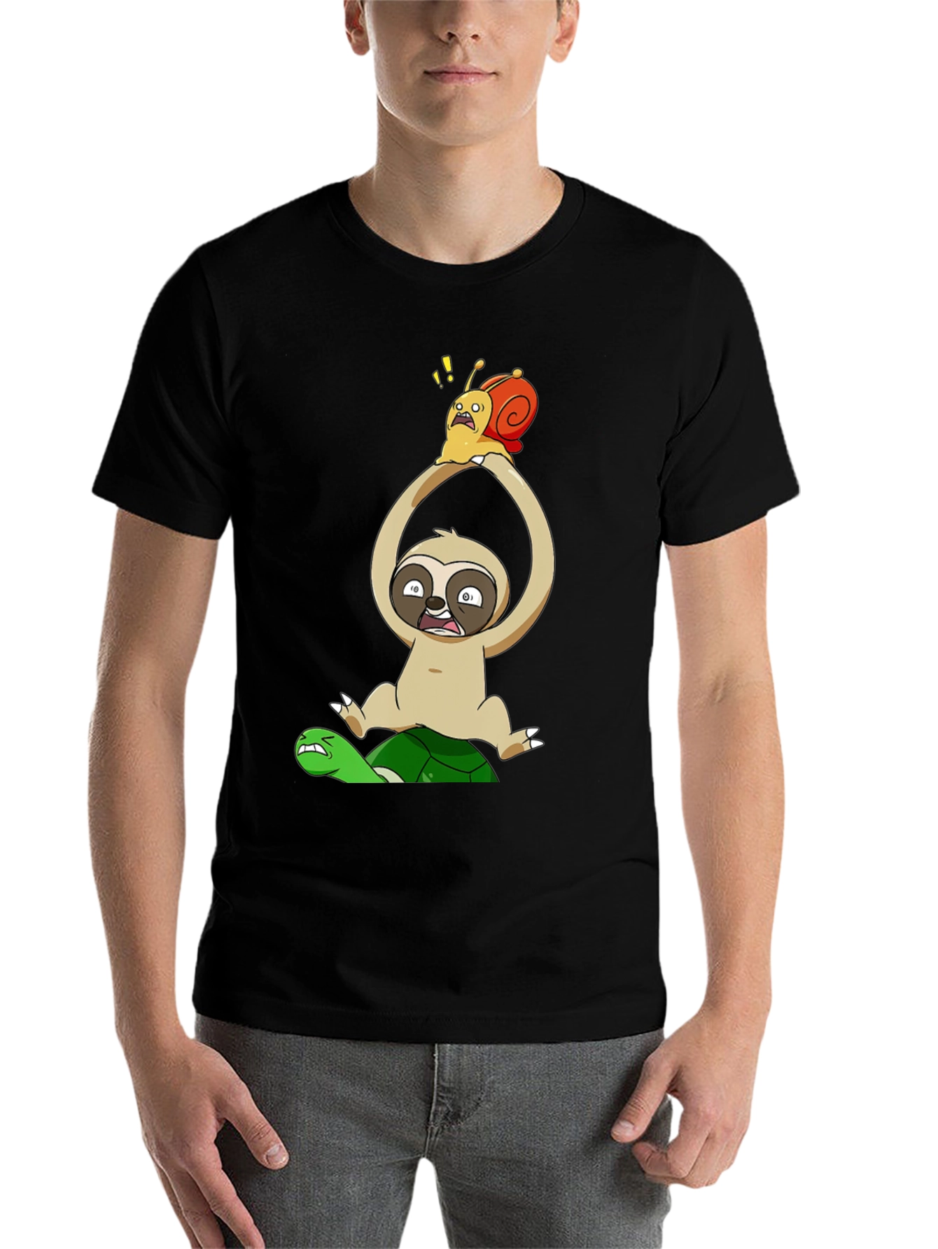 Black Funny Cartoon Animal T-Shirt: Sloth, Snail, Turtle view 7