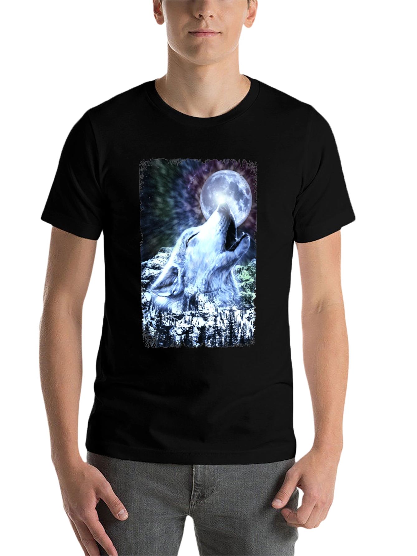 Black Wolf Howling Moon Graphic T-Shirt - Cool Design view 7