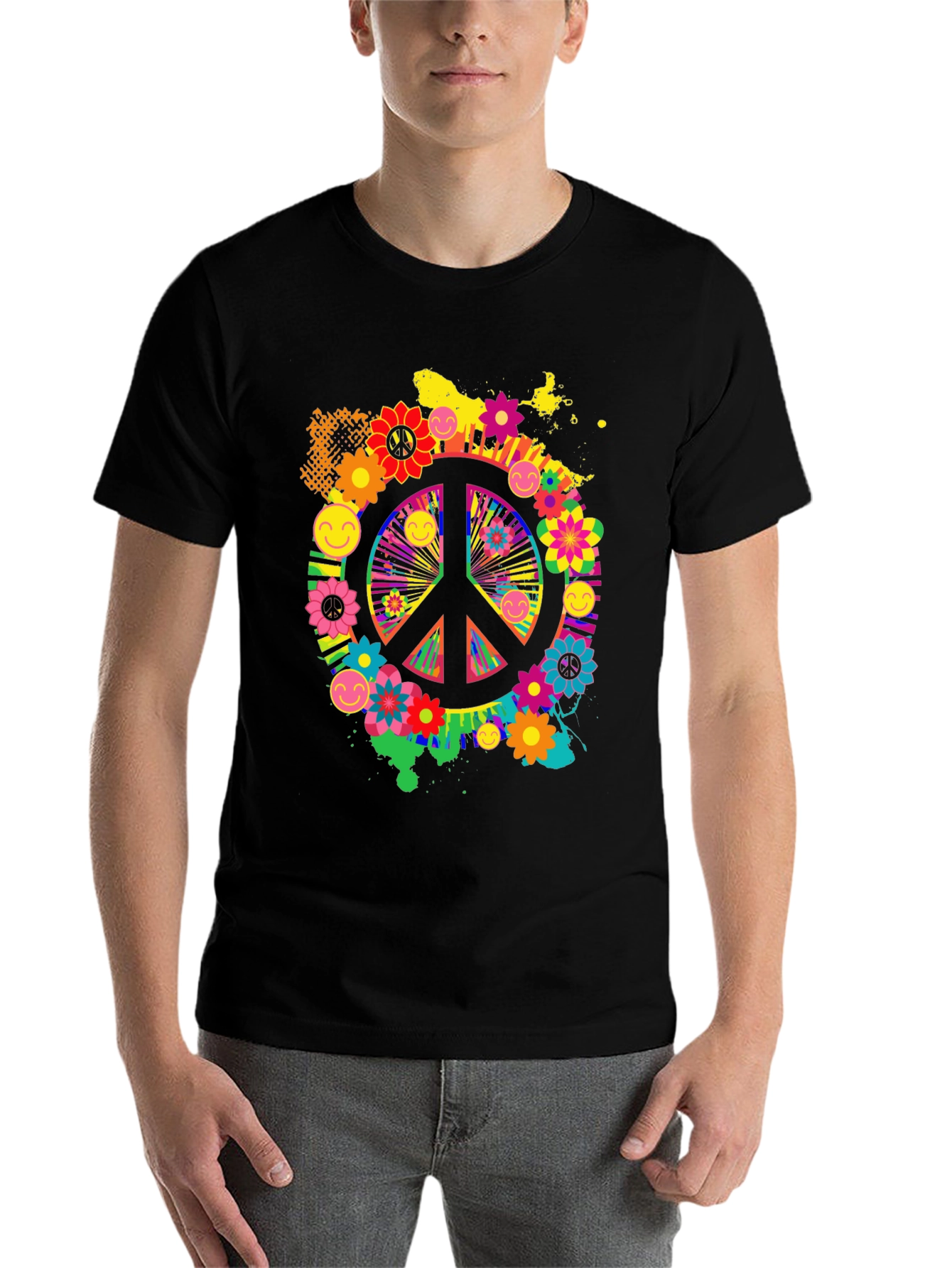 Black Groovy Peace Sign Graphic Tee - Retro Style view 7