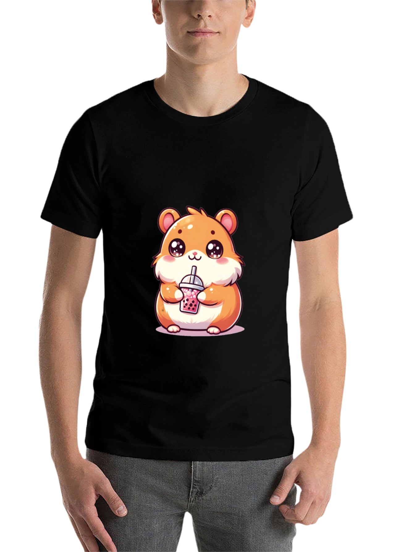 Black Cute Hamster Boba Tea Graphic T-Shirt view 7