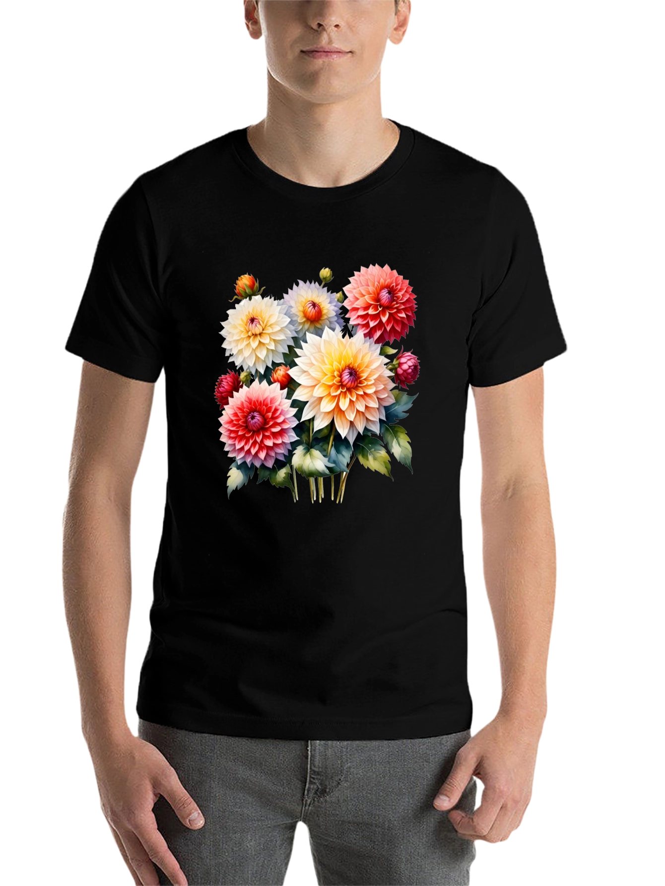 Black Floral Graphic Tee - Colorful Dahlia Design view 7