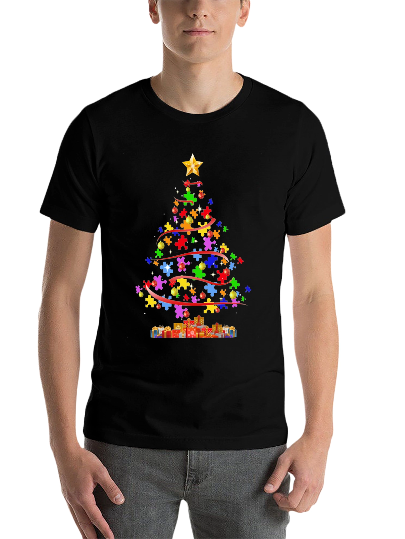 Black Puzzle Piece Christmas Tree T-Shirt view 7