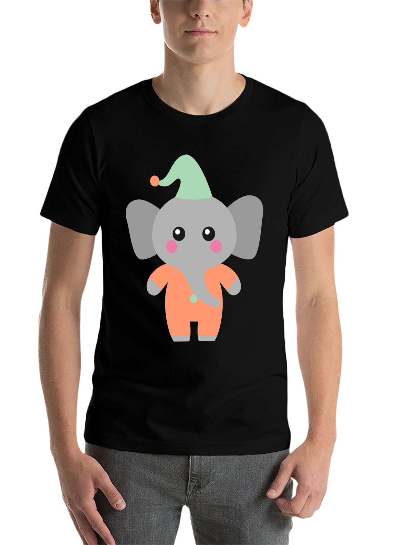 Black Cute Elephant Cartoon Black T-Shirt view 7