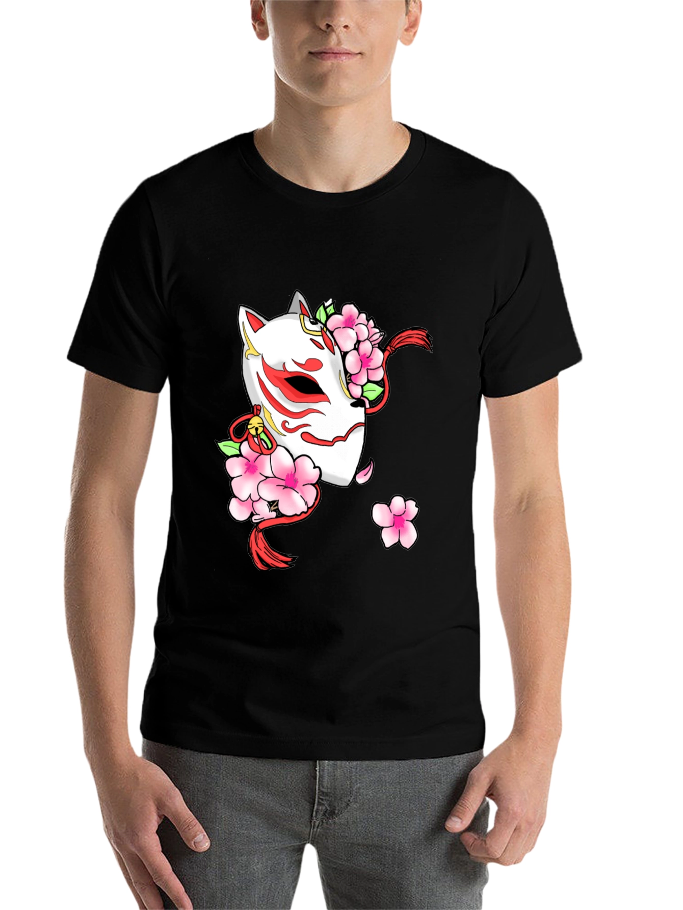 Black Sakura Kitsune Mask Graphic Tee - Black view 7