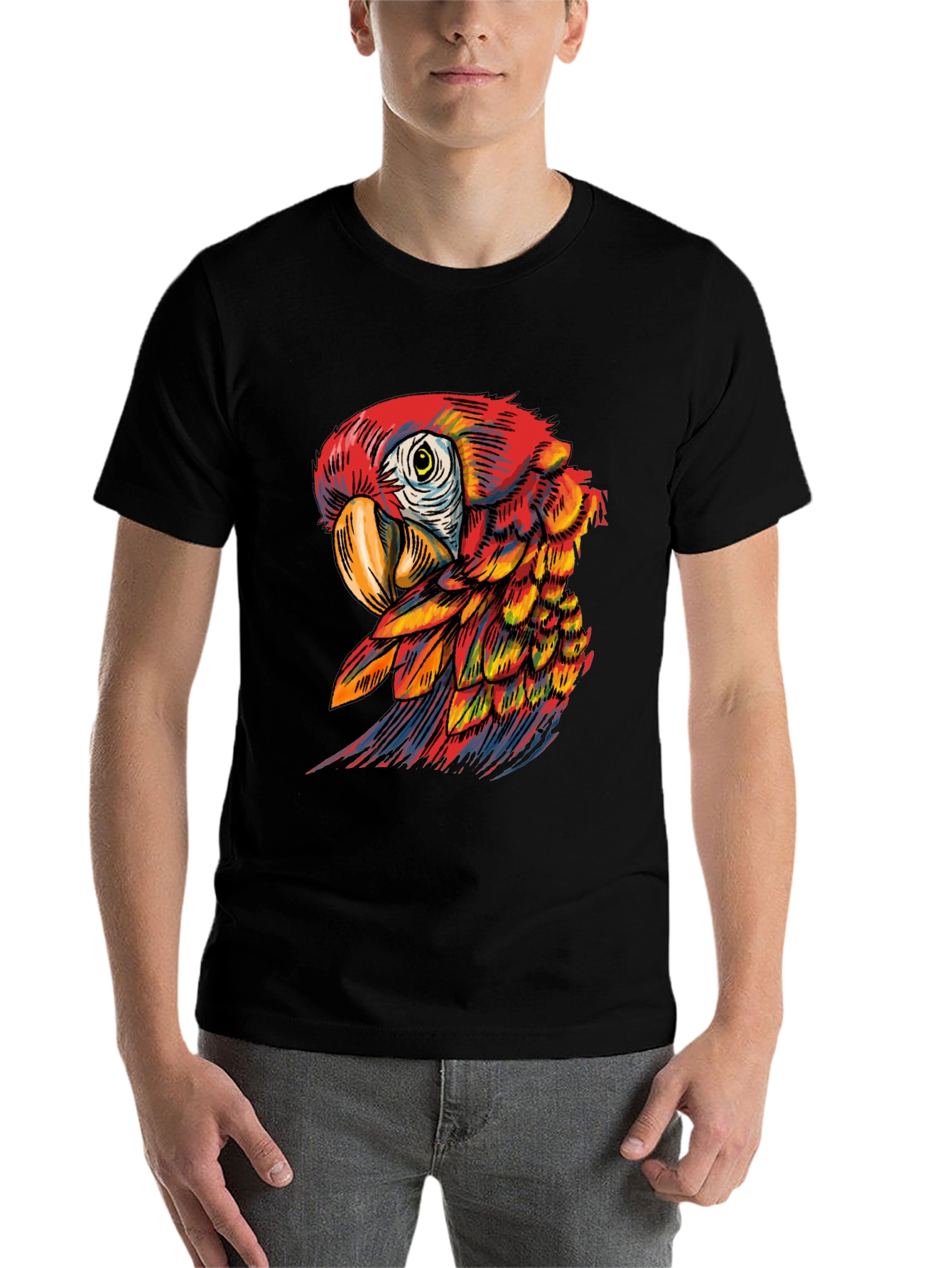 Black Vibrant Parrot Graphic Tee - Soft Black Cotton Blend view 7