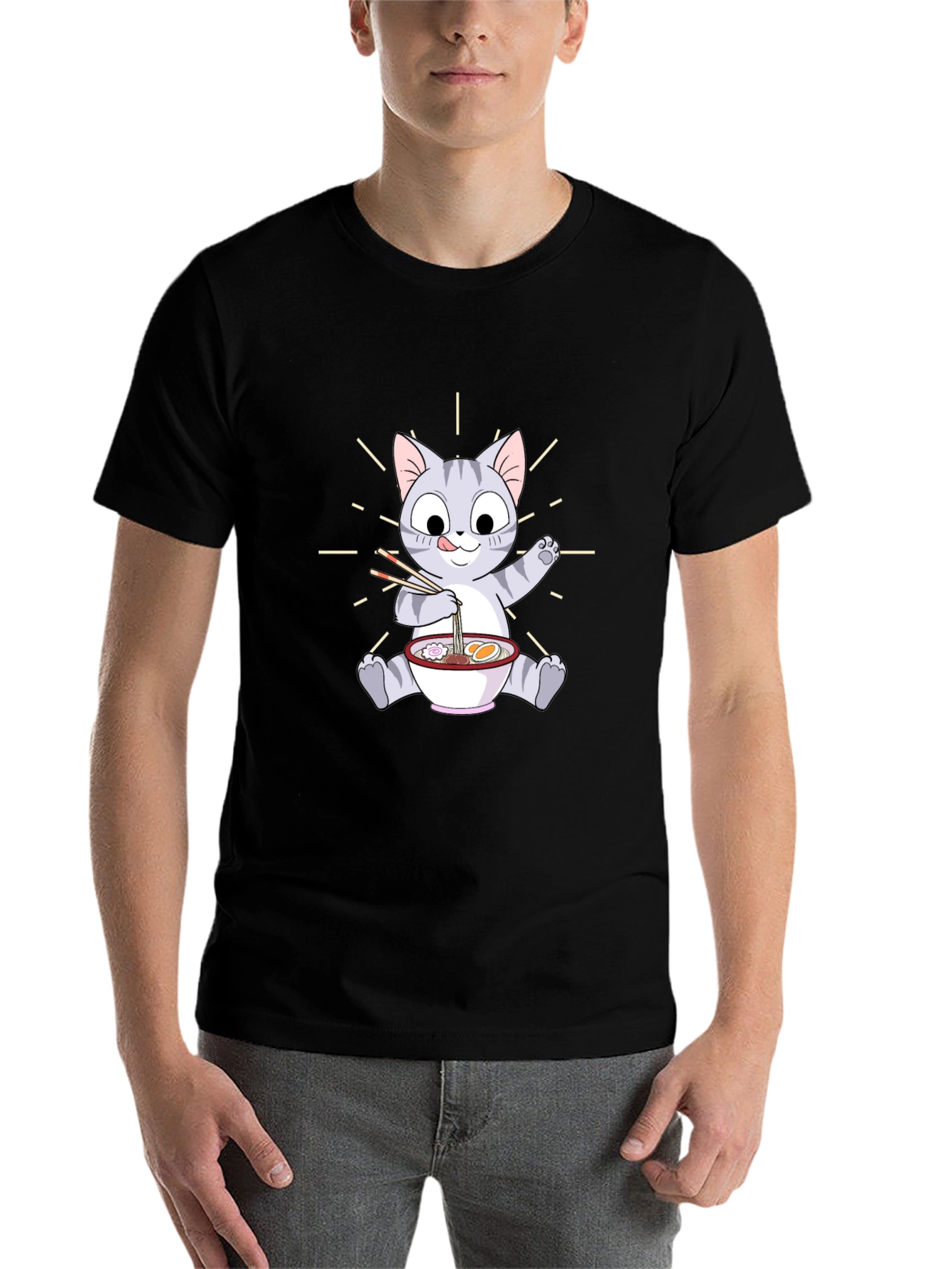 Black Cute Cat Ramen T-Shirt - Unisex Graphic Tee view 7