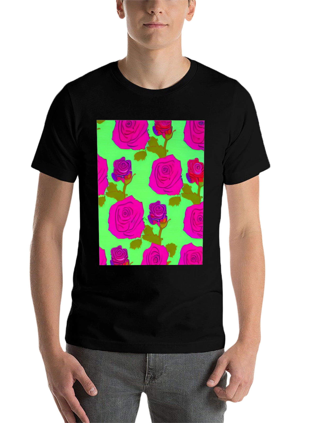 Black Vibrant Floral Rose Pattern Tee - Trendy Graphic T-Shirt view 7