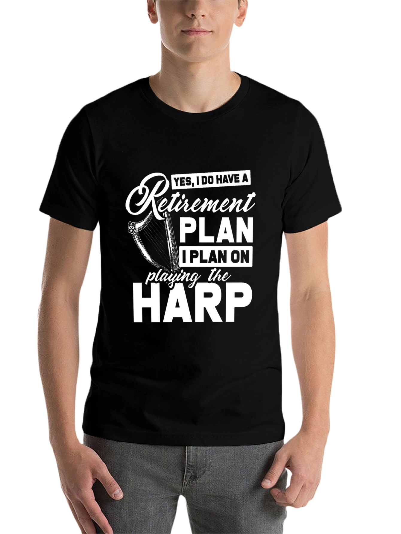 Black Retirement Plan Harp Player Black T-Shirt view 7