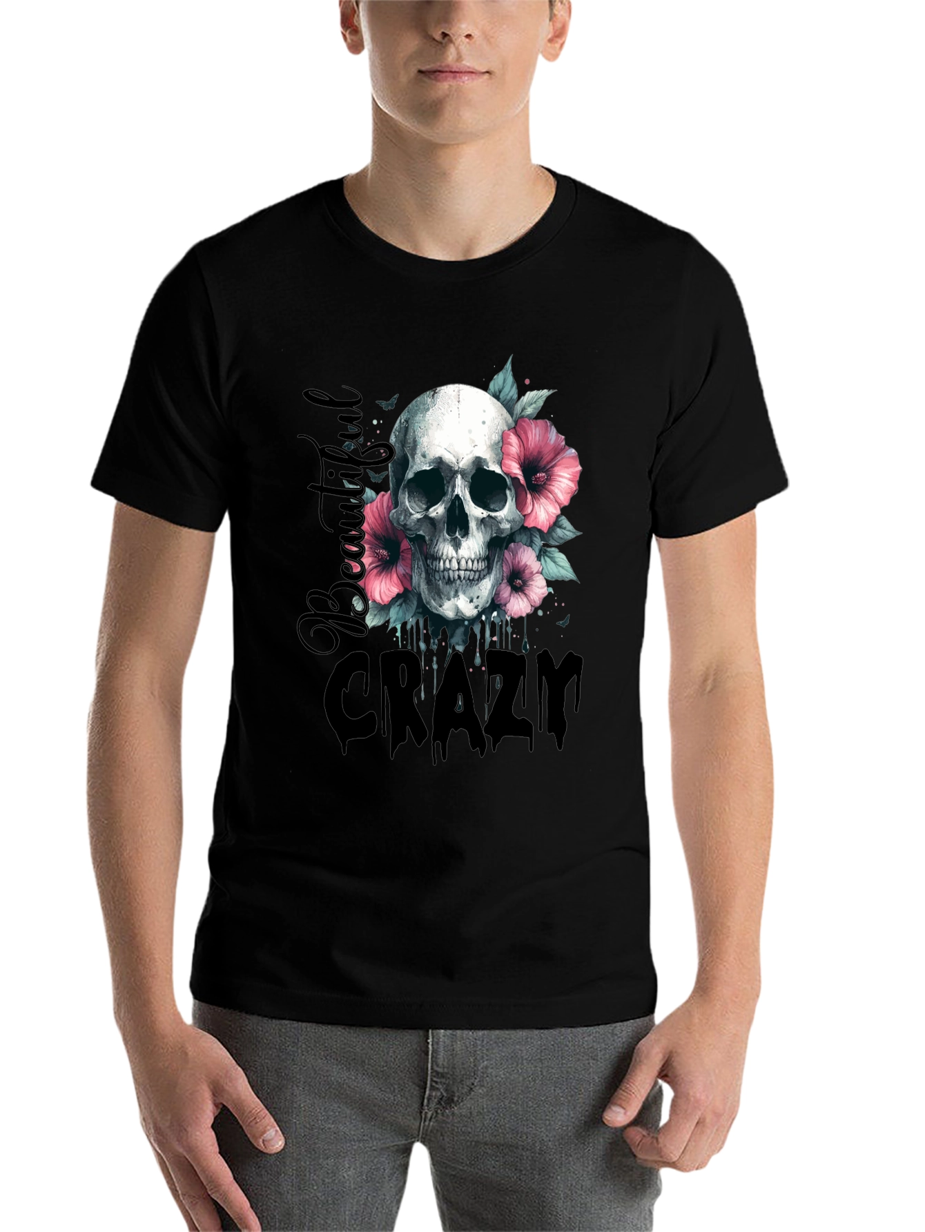 Black Skull & Flowers Graphic Tee - Beautiful Crazy Design view 7