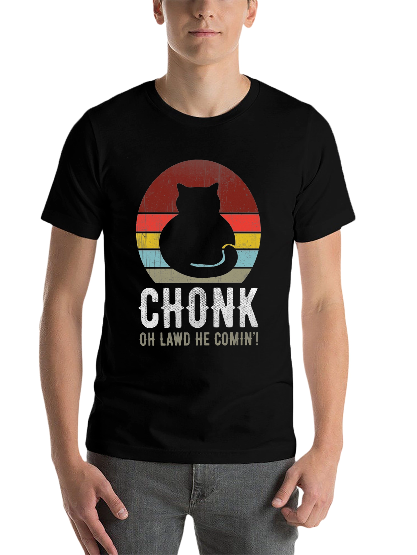 Black Chonk Cat Retro T-Shirt: Oh Lawd He Comin'! view 7