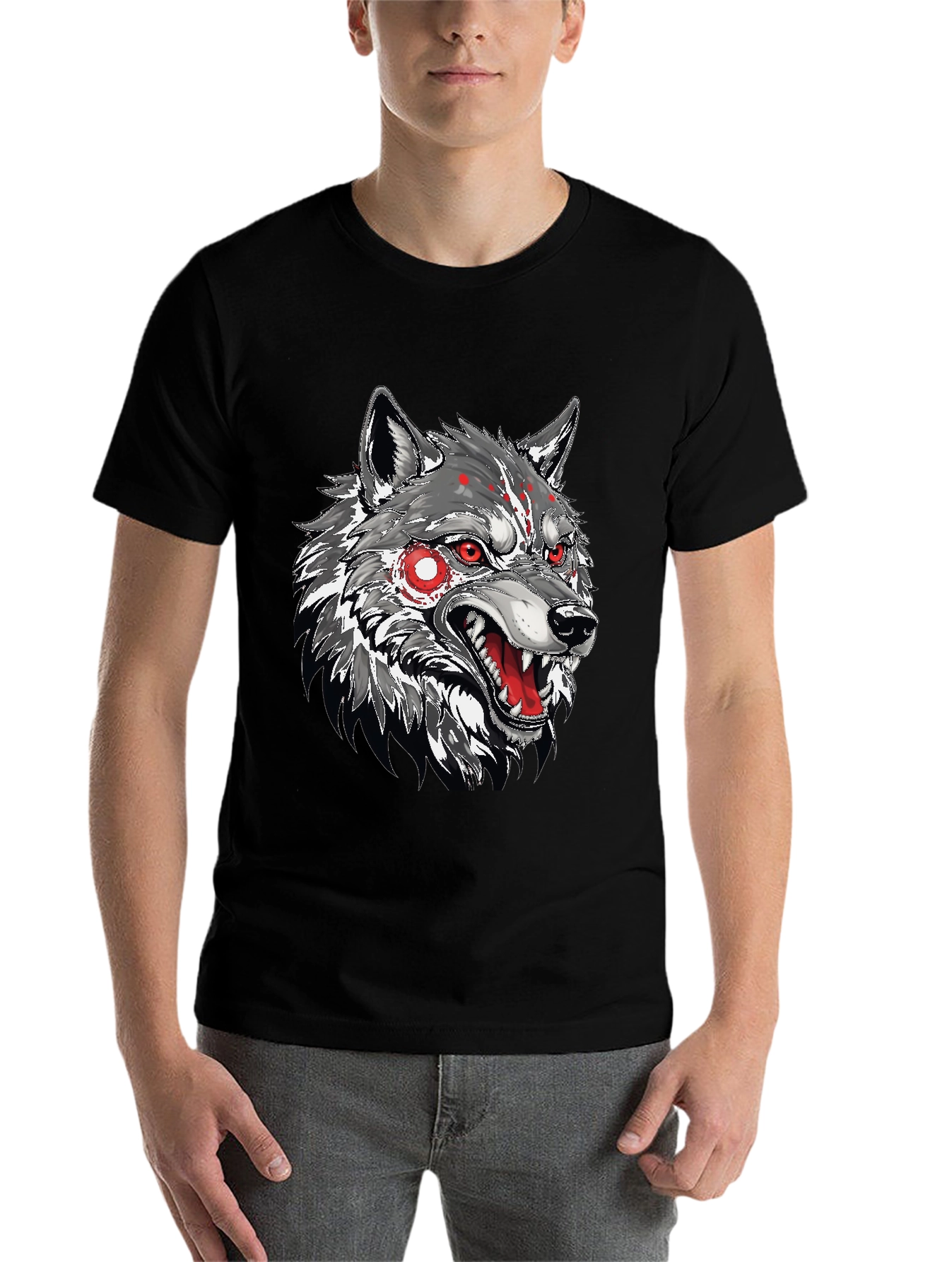 Black Men's Black T-Shirt with Wolf Graphic view 7