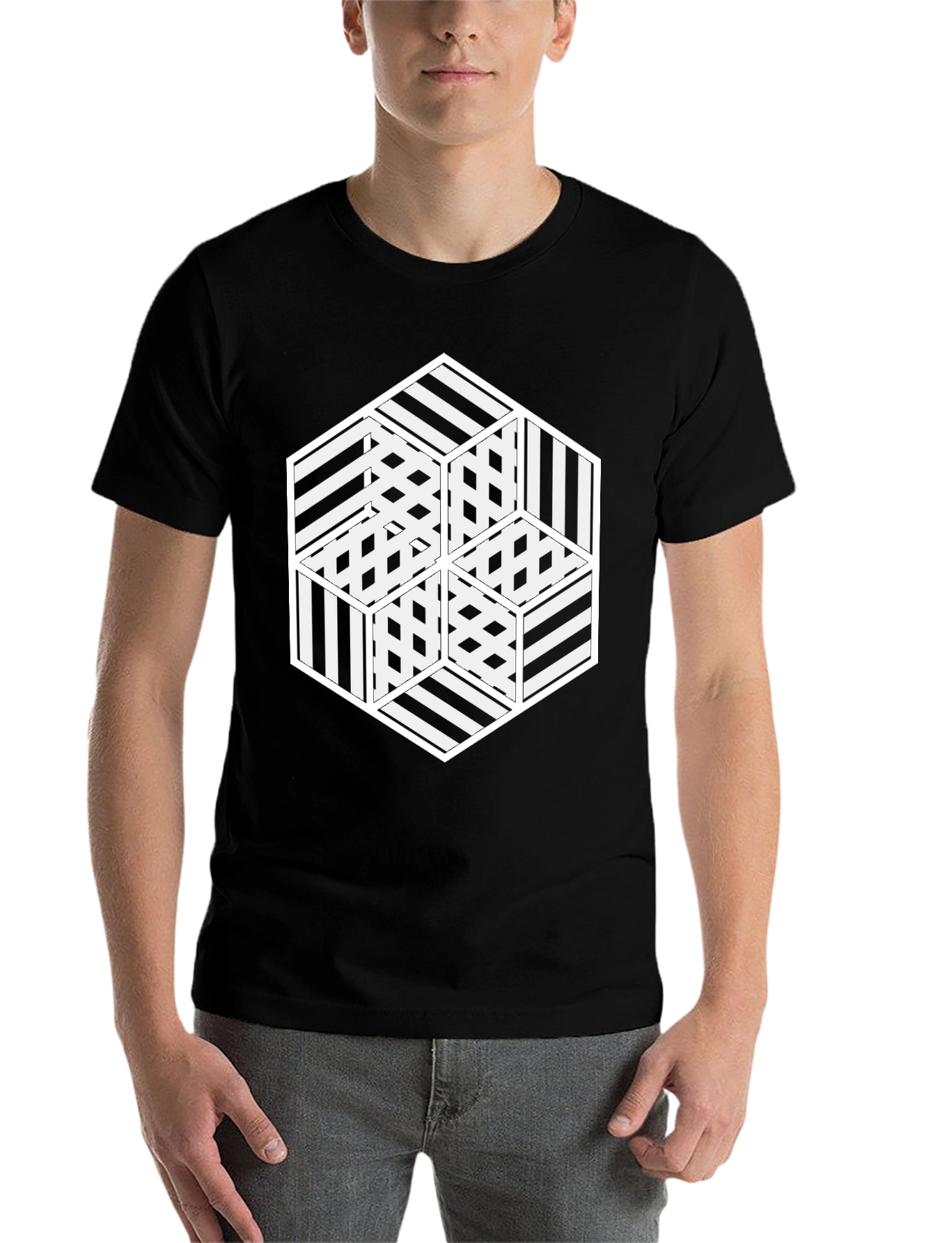 Black Optical Illusion Hexagon Graphic Tee view 7