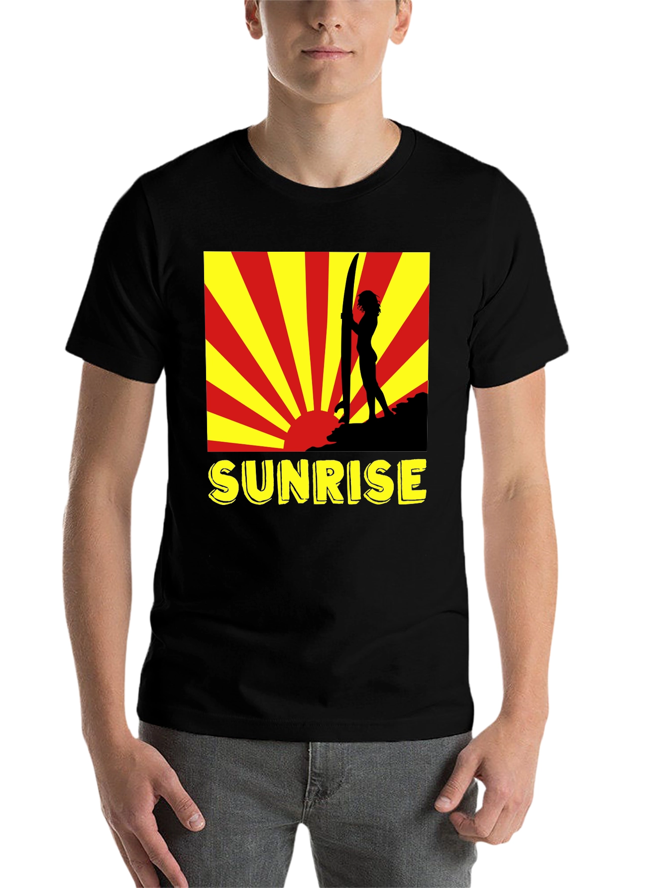 Black Sunrise Surfer Graphic Tee - Black Cotton T-Shirt view 7