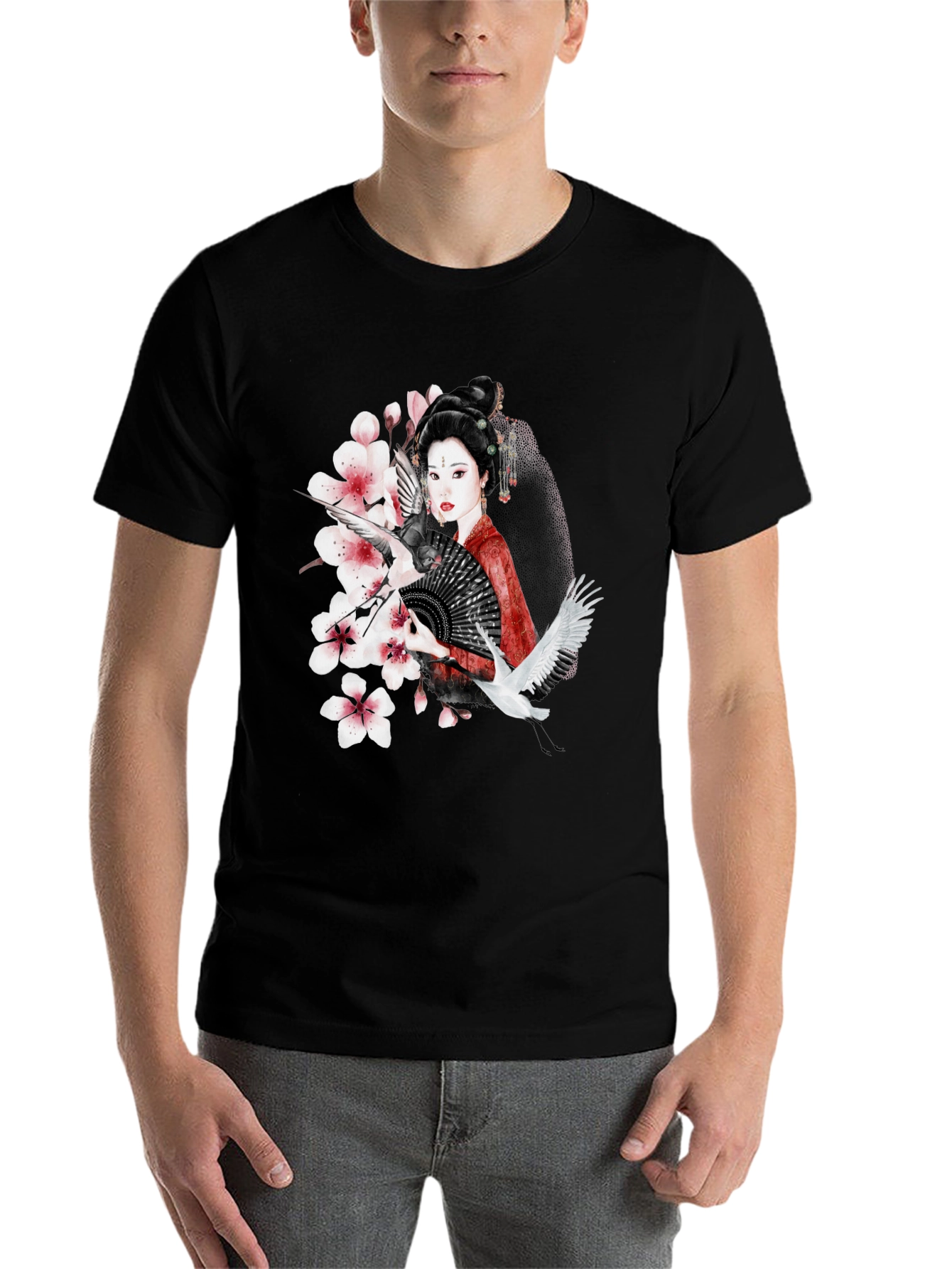 Black Asian Geisha Crane T-Shirt - Stylish Graphic Tee view 7