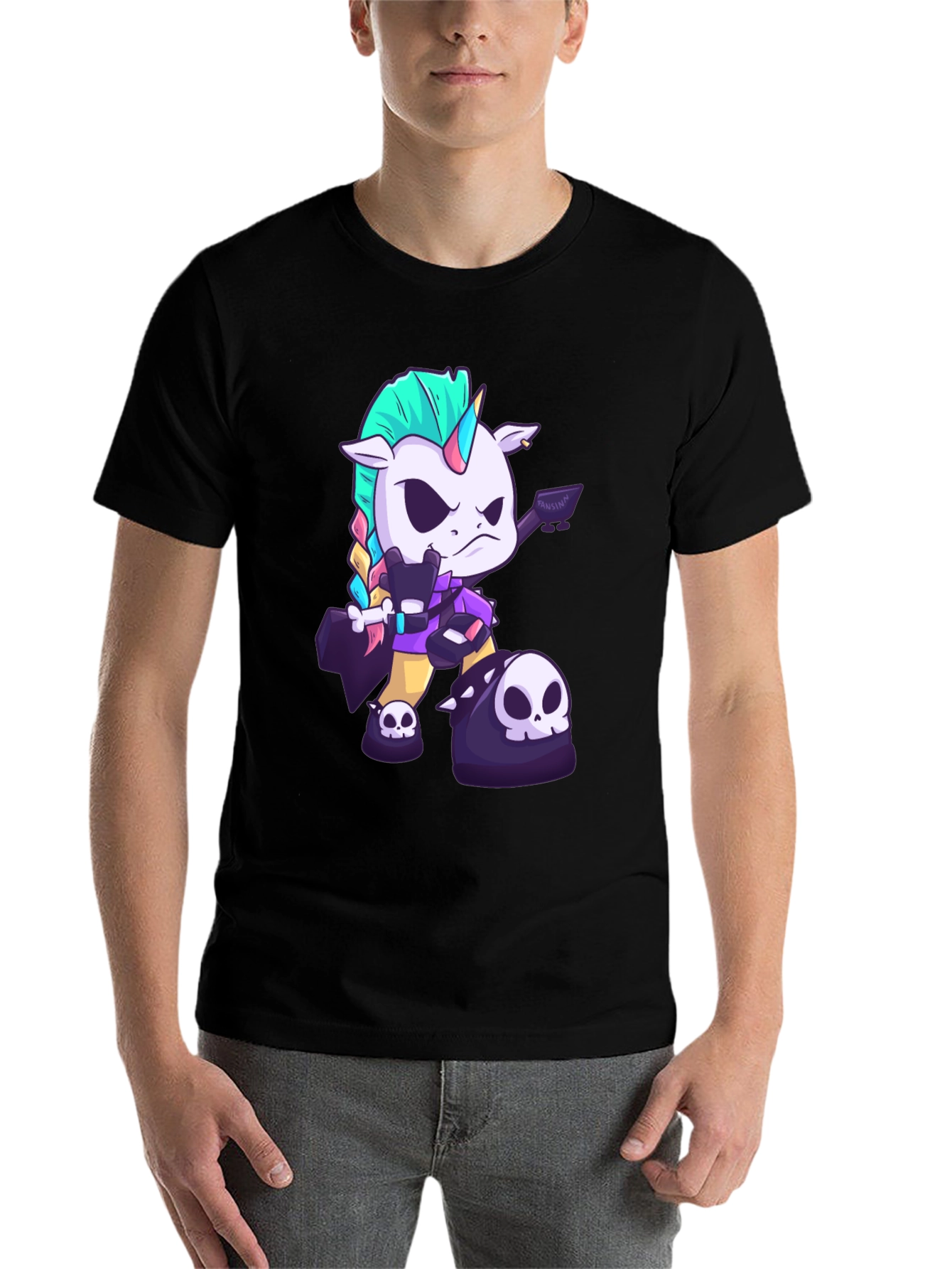 Black Edgy Unicorn Graphic Tee - Black Cotton T-Shirt view 7