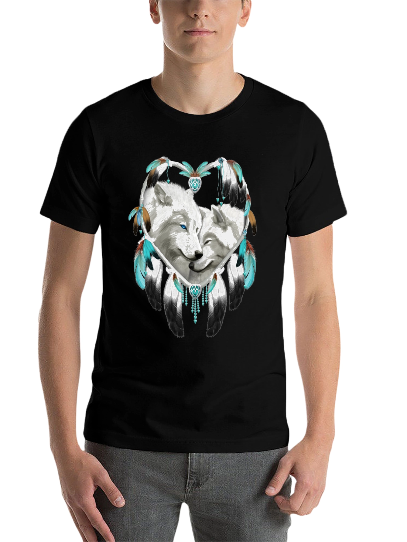 Black Wolf Dreamcatcher Graphic Tee - Black Cotton Blend Shirt view 7