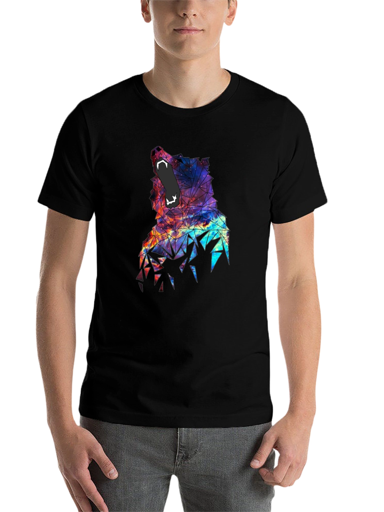 Black Geometric Wolf Galaxy T-Shirt - Unique Design view 7