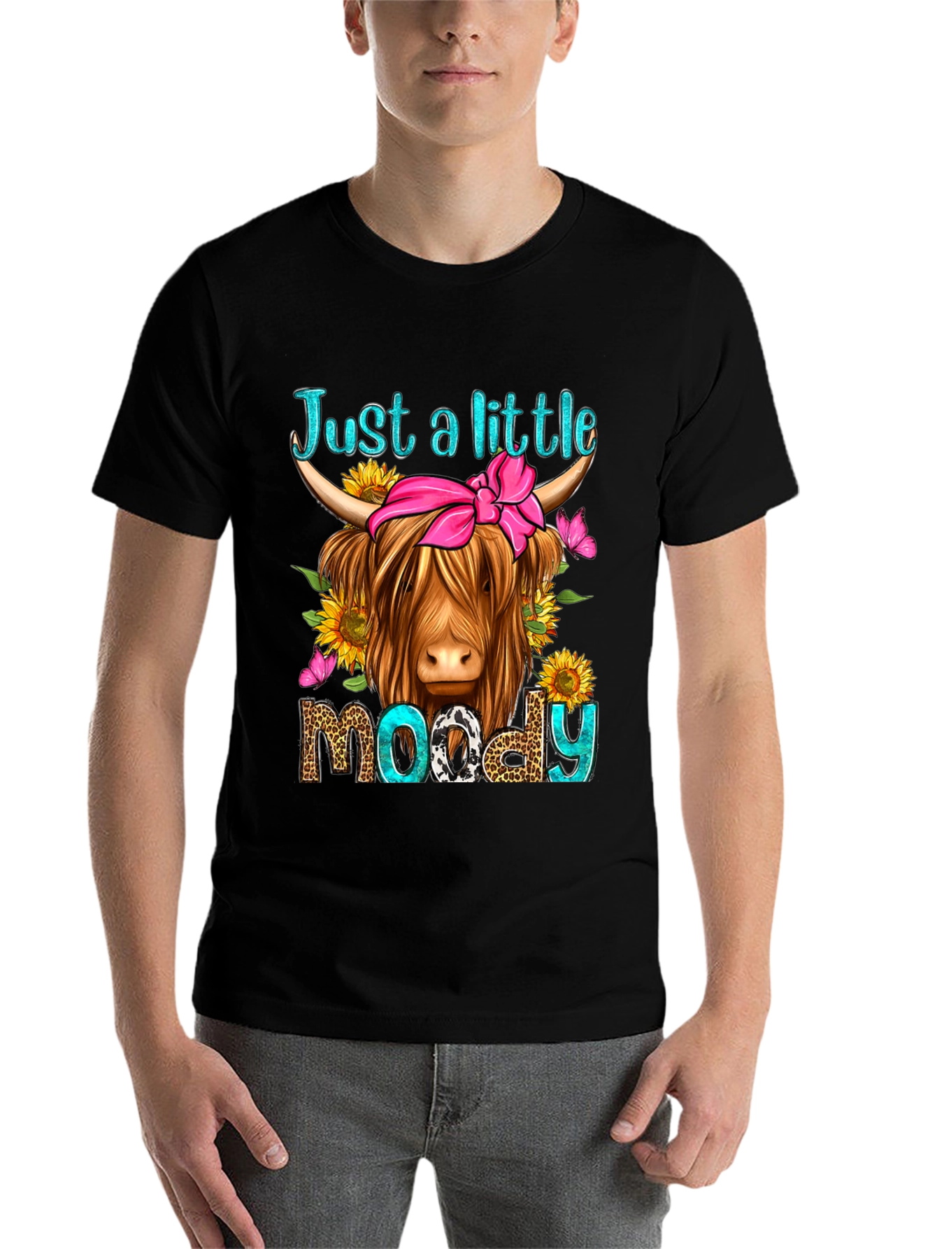 Black Just a Little Moody Highland Cow T-Shirt view 7