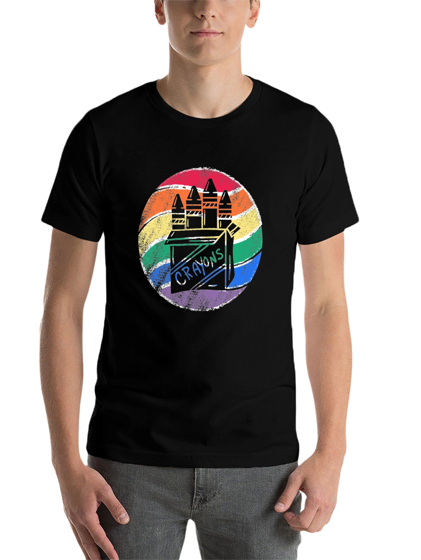 Black Retro Rainbow Crayon Box T-Shirt view 7