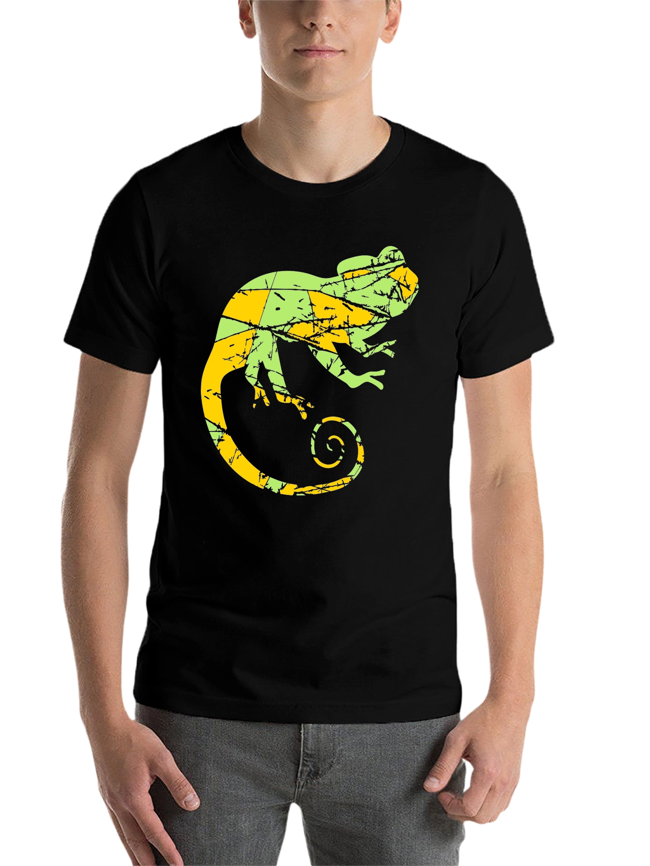 Black Men's Chameleon Graphic Print Crew Neck T-Shirt view 7