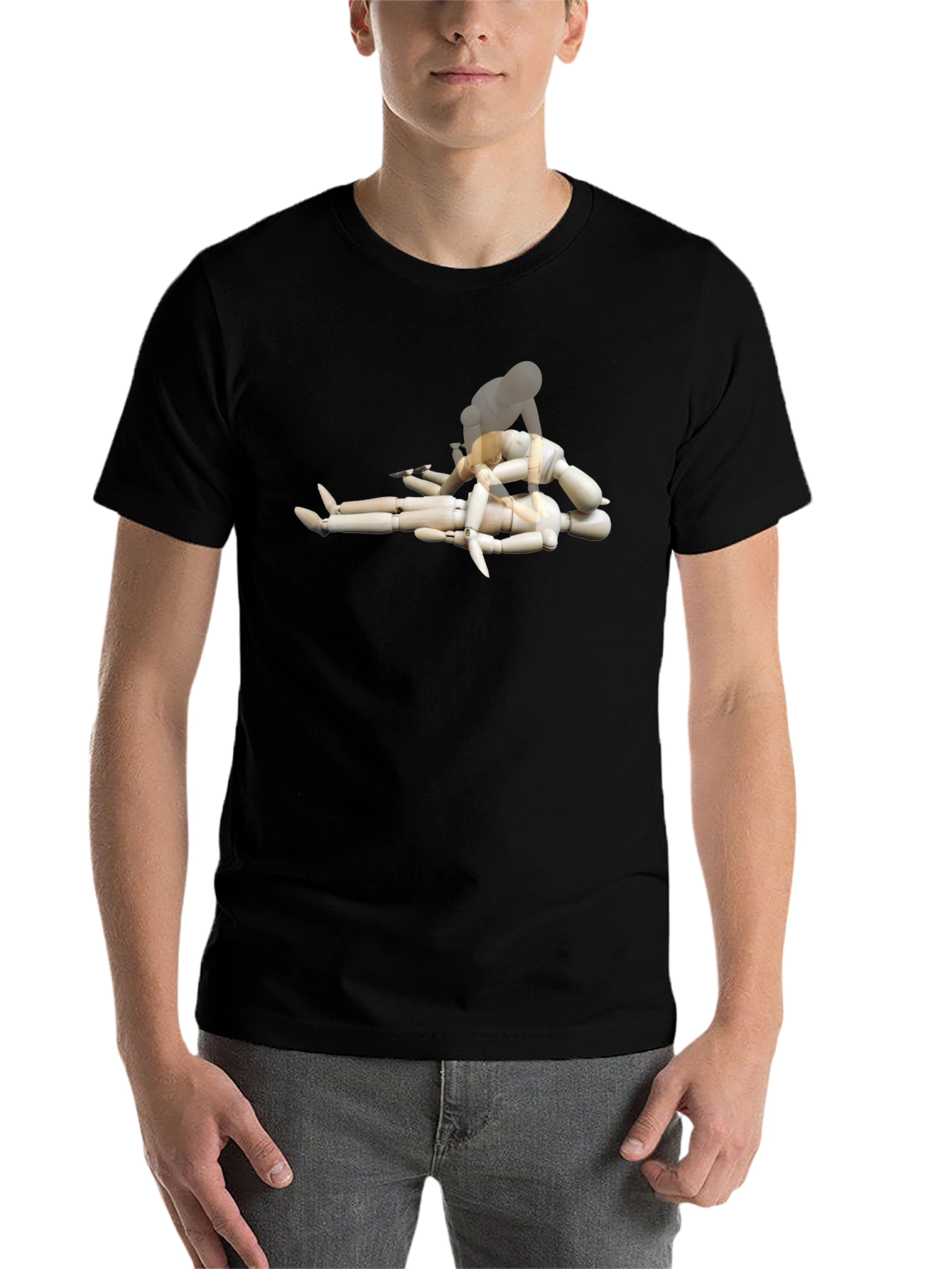 Black Man's Black Tee with Mannequin Pileup Graphic view 7