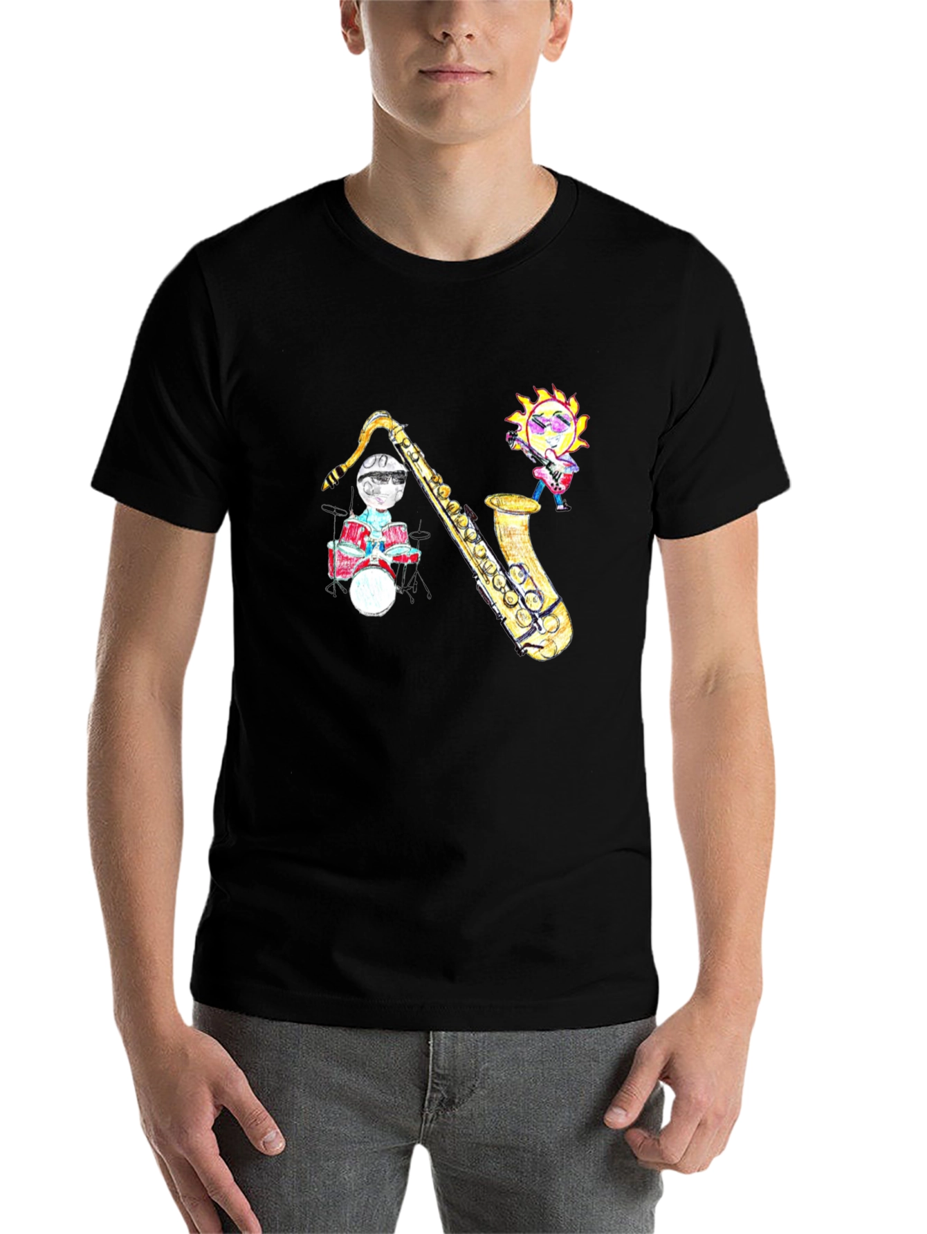 Black Black T-Shirt with Cartoon Jazz Band Graphic view 7