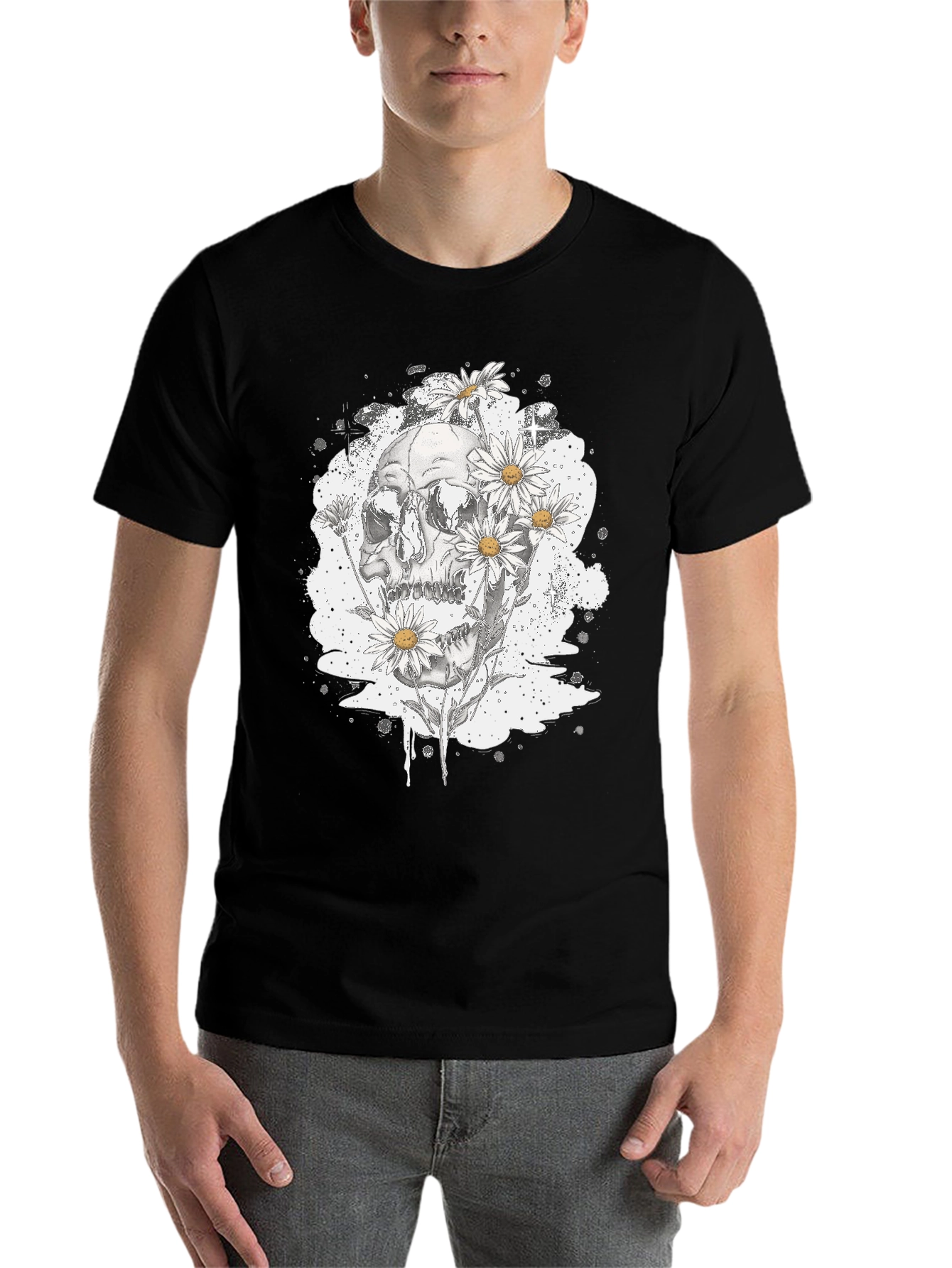Black Skull & Daisy Graphic Tee - Edgy Black T-Shirt view 7