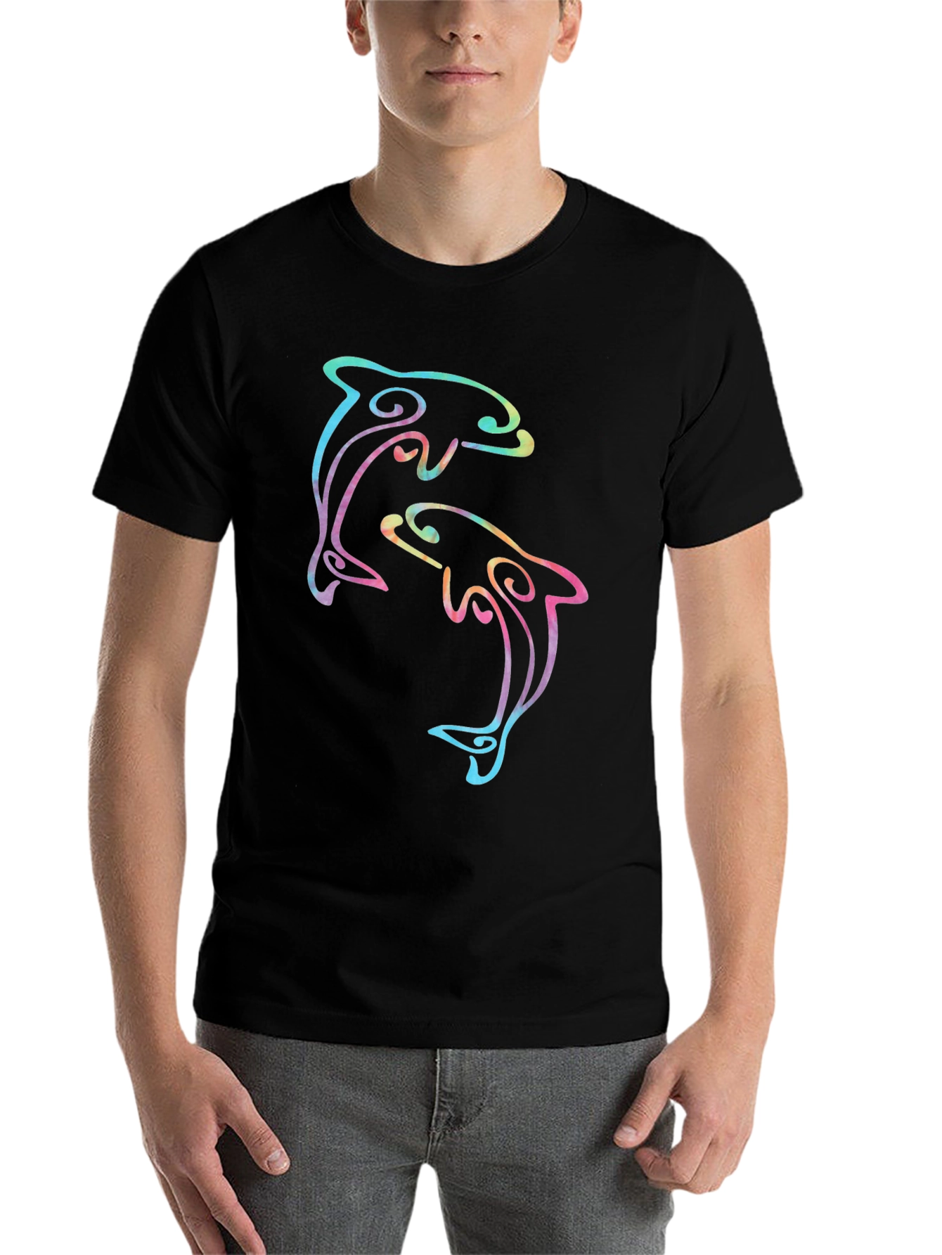 Black Dolphin Duo Black T-Shirt - Colorful Graphic Tee view 7