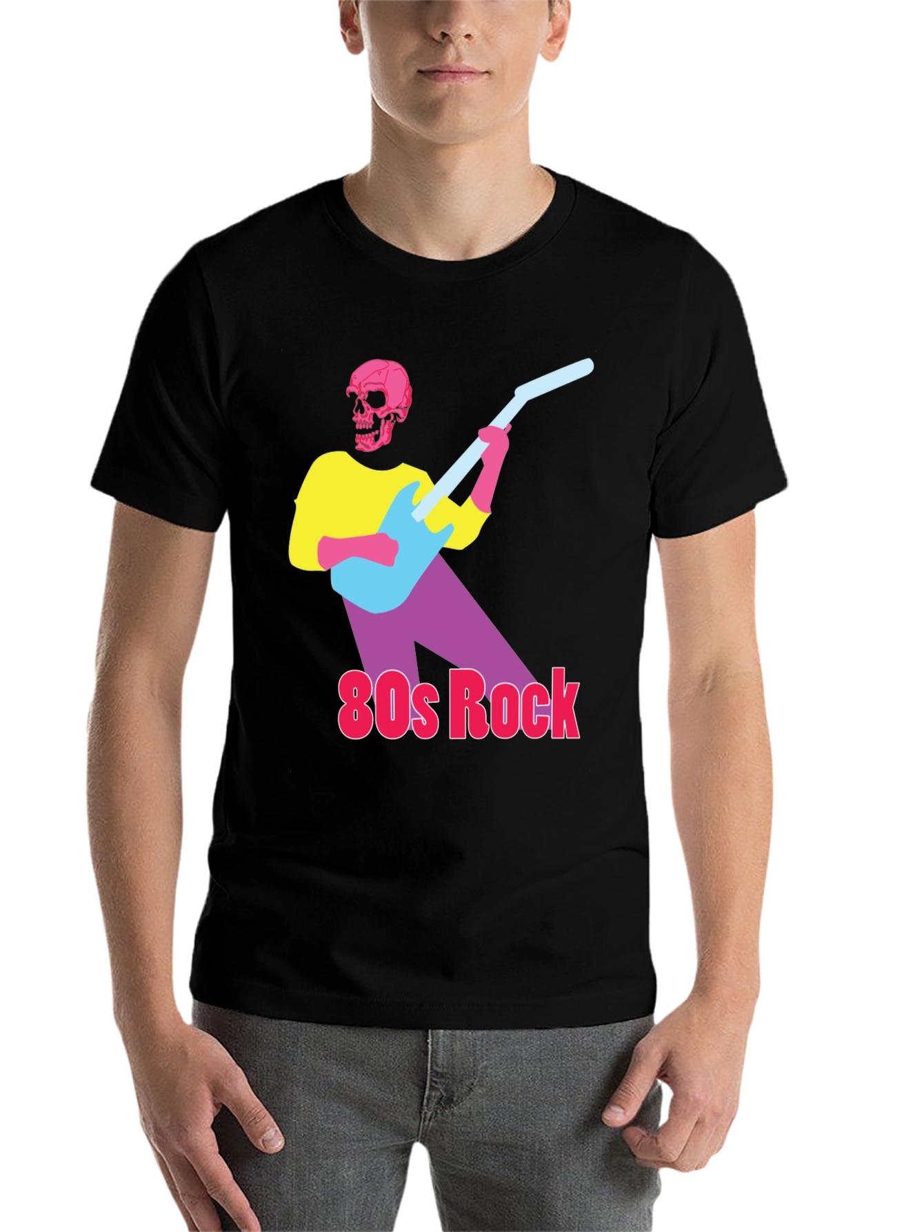 Black 80s Rock Skeleton Guitarist Graphic Tee view 7