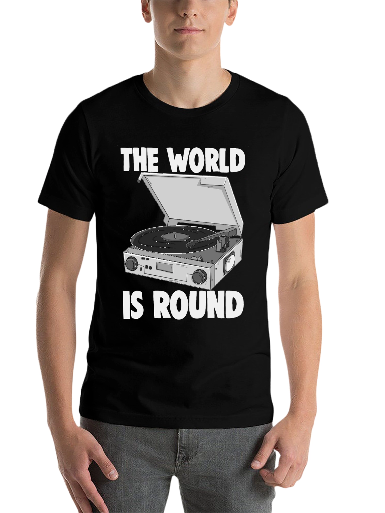 Black The World is Round Vinyl Turntable T-Shirt view 7