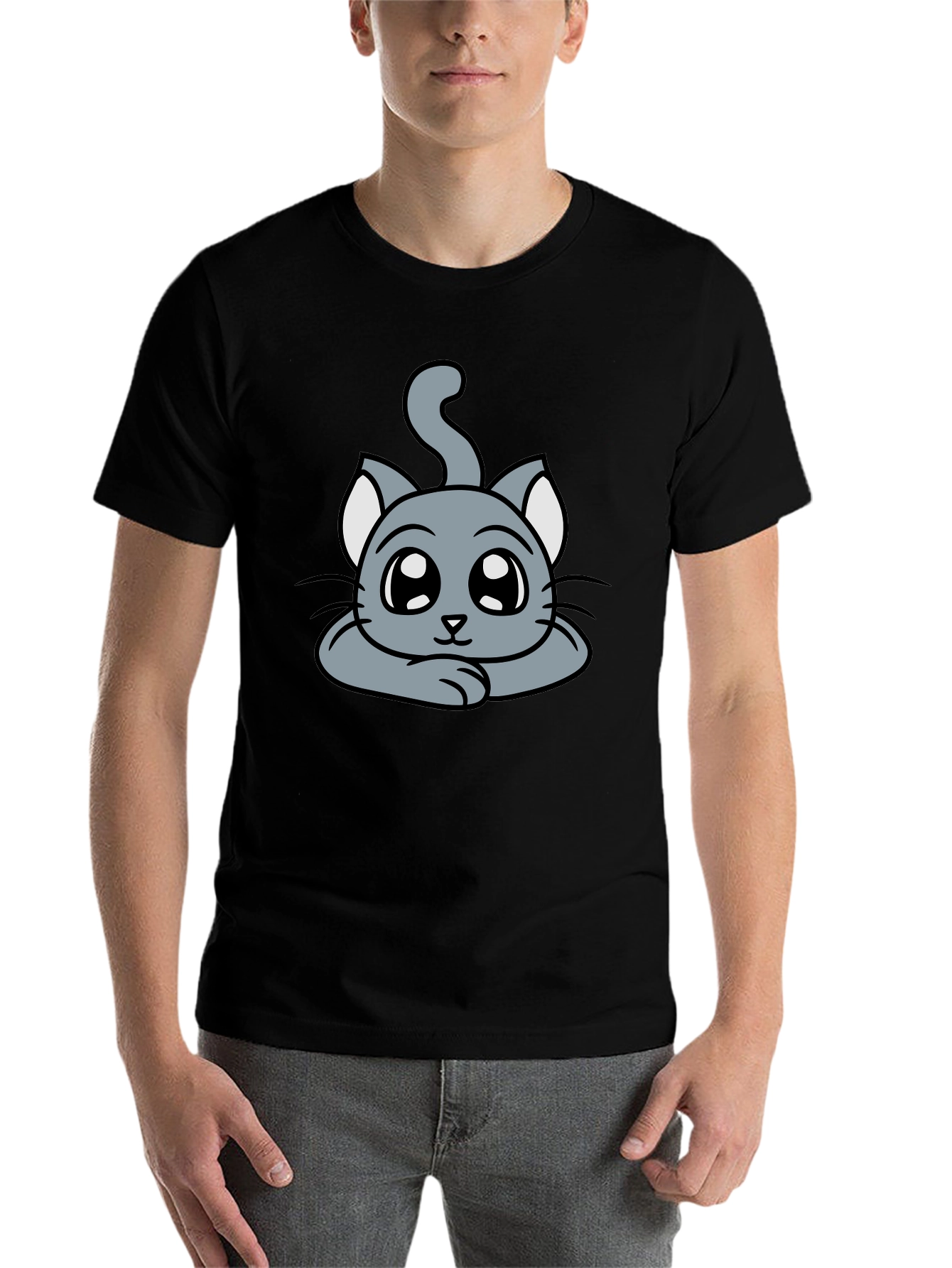 Black Cute Cartoon Cat Graphic T-Shirt - Black view 7