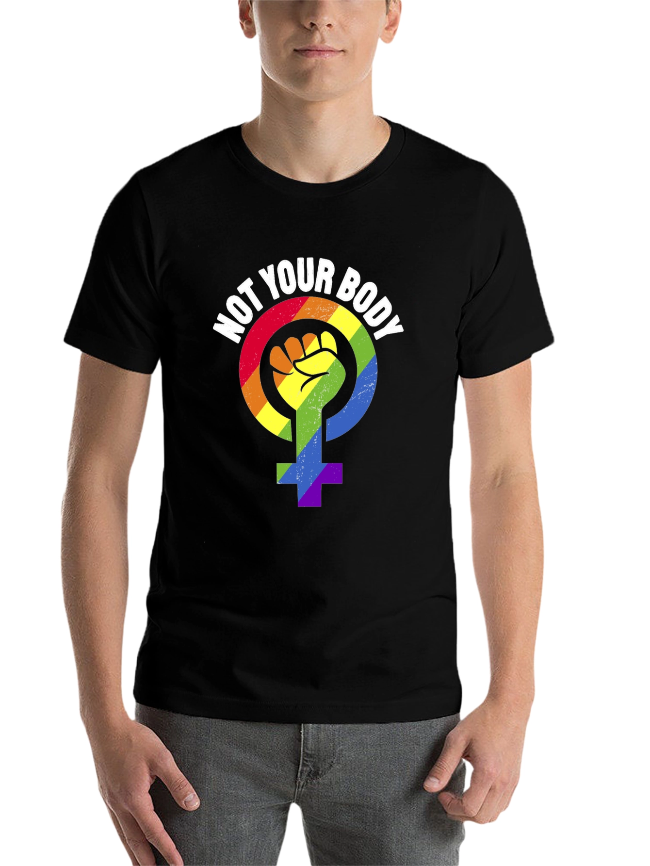 Black Not Your Body T-Shirt - Rainbow Feminist Symbol view 7