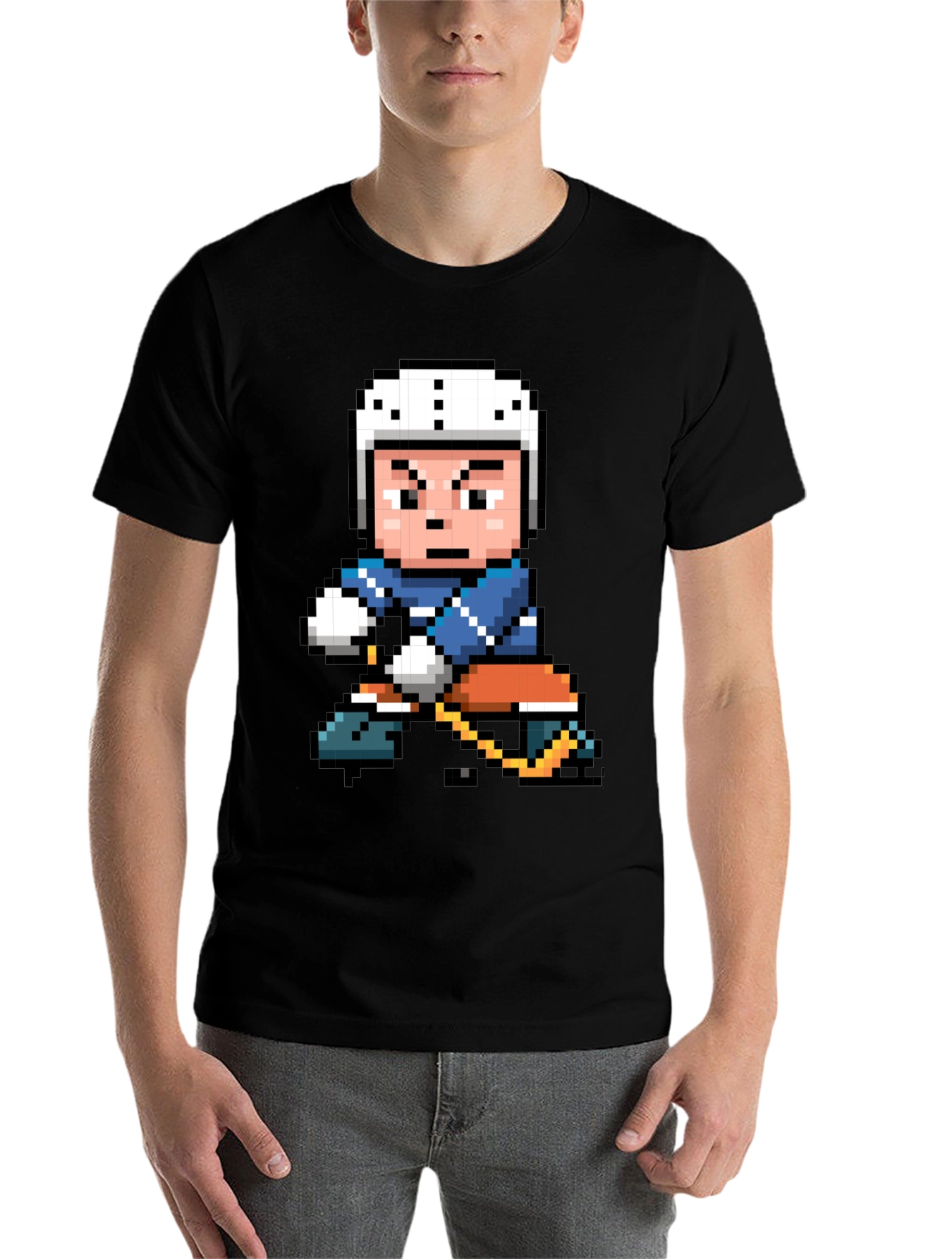 Black Retro Pixel Hockey Player Graphic T-Shirt view 7
