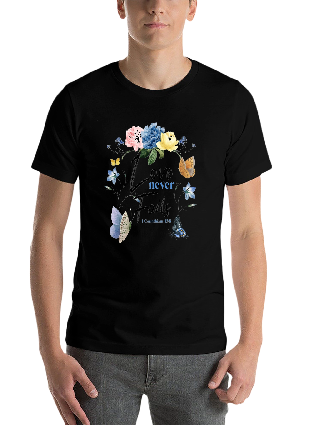 Black Love Never Fails Floral Butterfly T-Shirt view 7