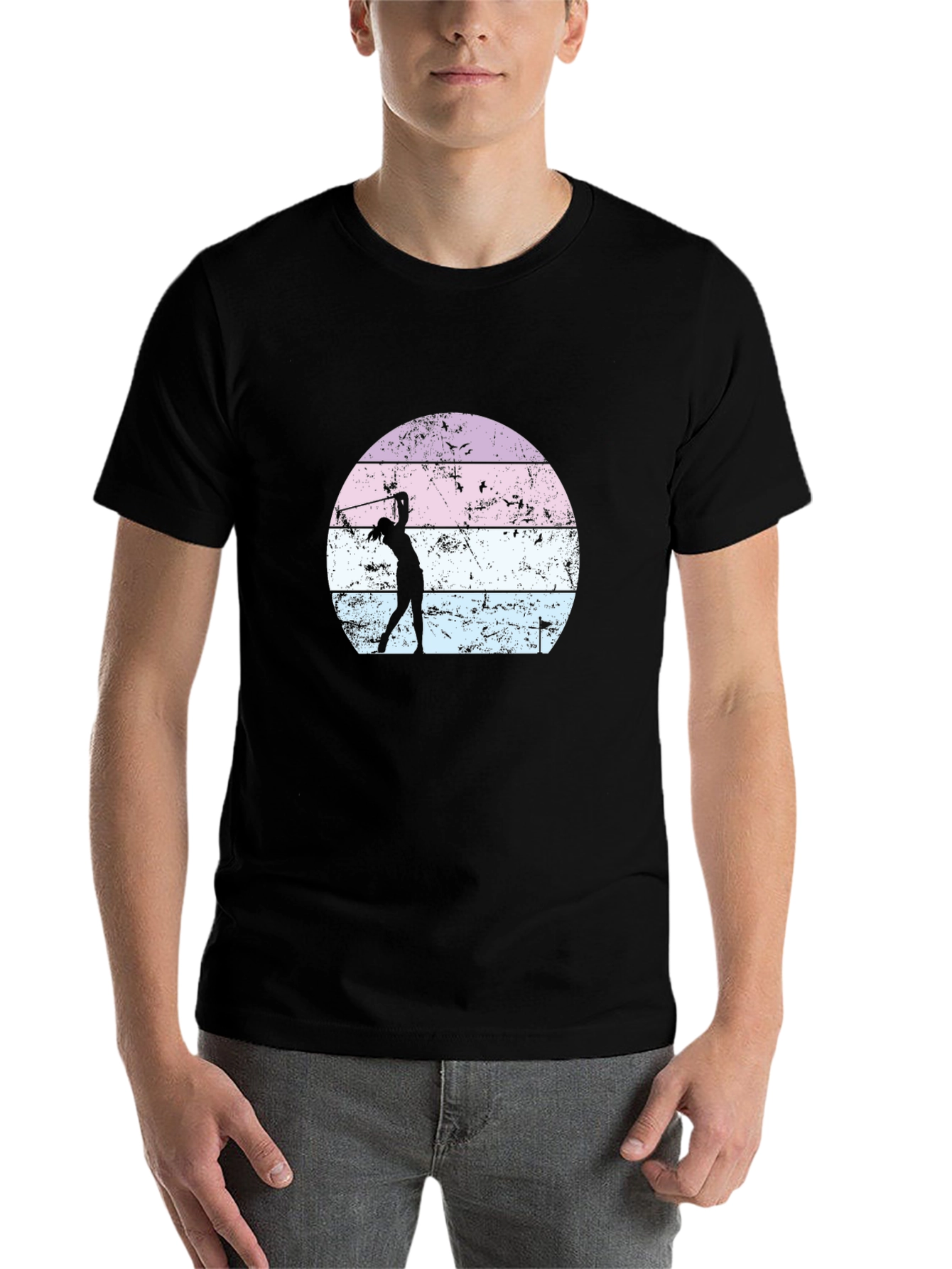 Black Retro Golfer T-Shirt - Vintage Sunset Design view 7