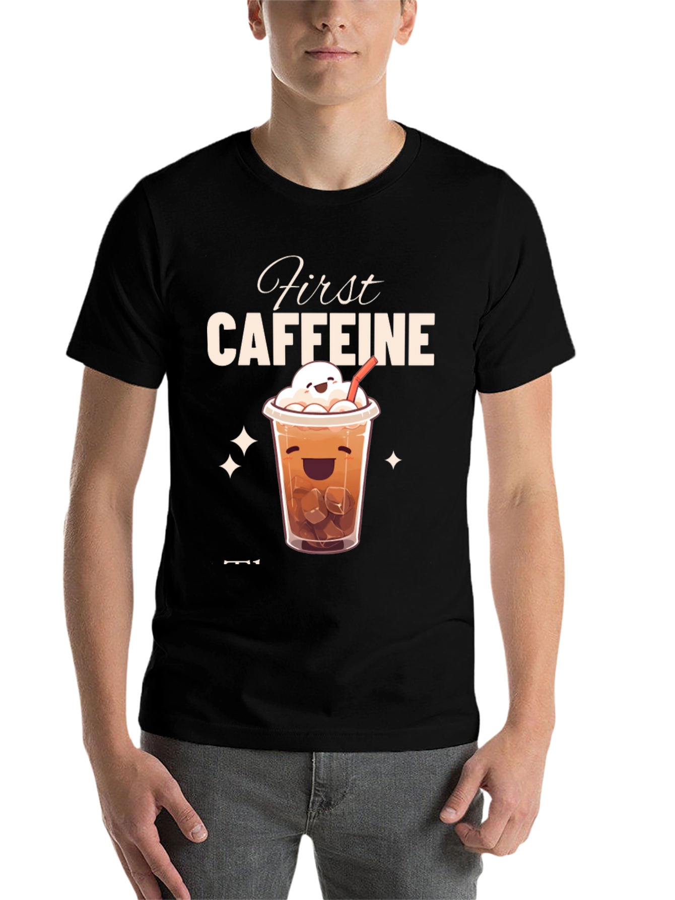 Black First Caffeine Kawaii Iced Coffee T-Shirt view 7