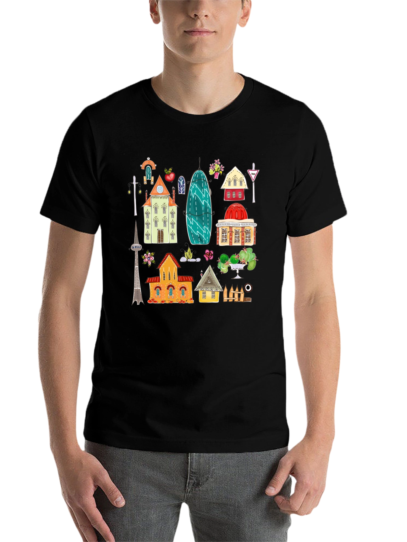 Black Cute Buildings Graphic Black T-Shirt view 7