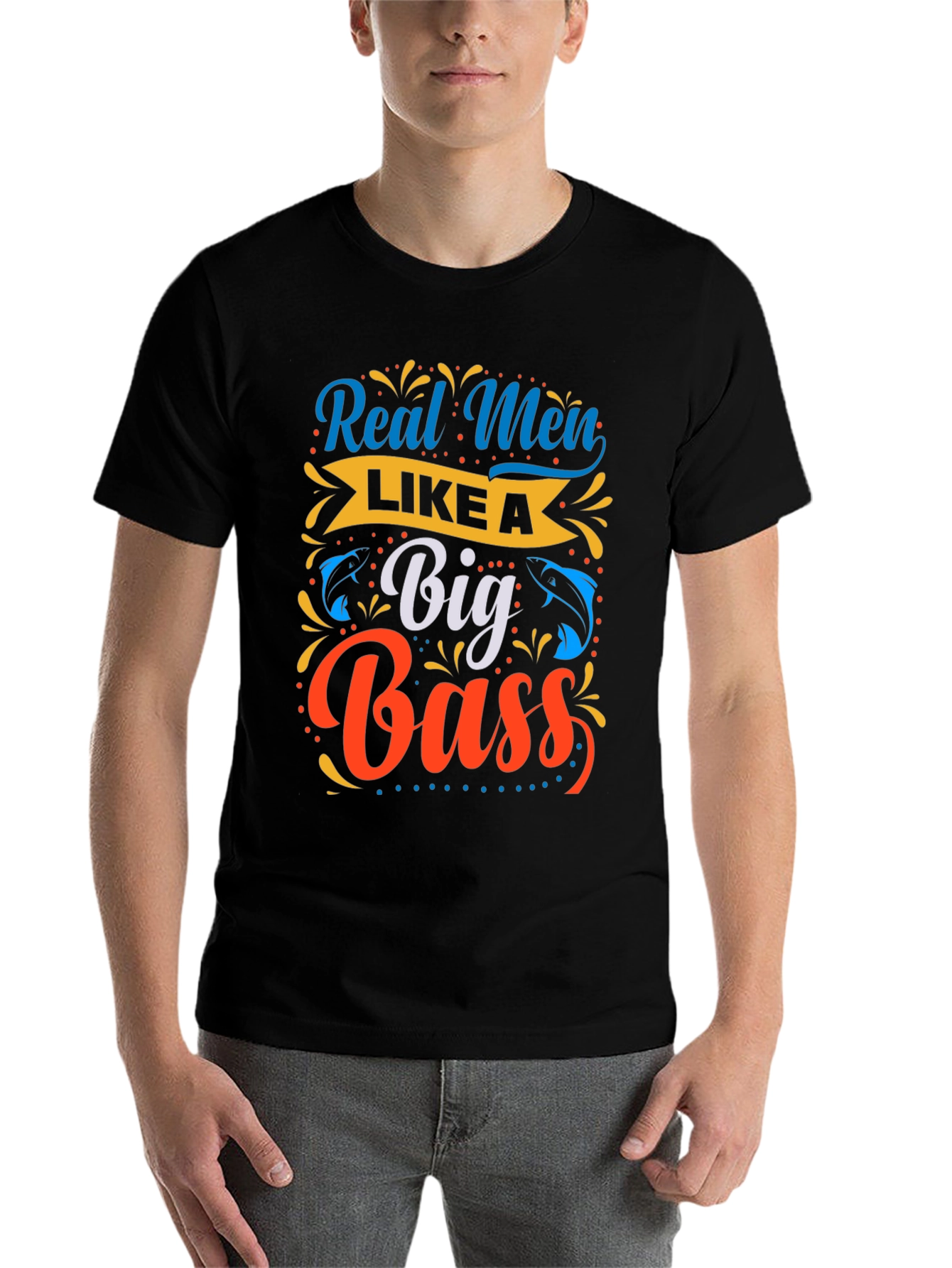 Black Real Men Like a Big Bass Fishing T-Shirt view 7