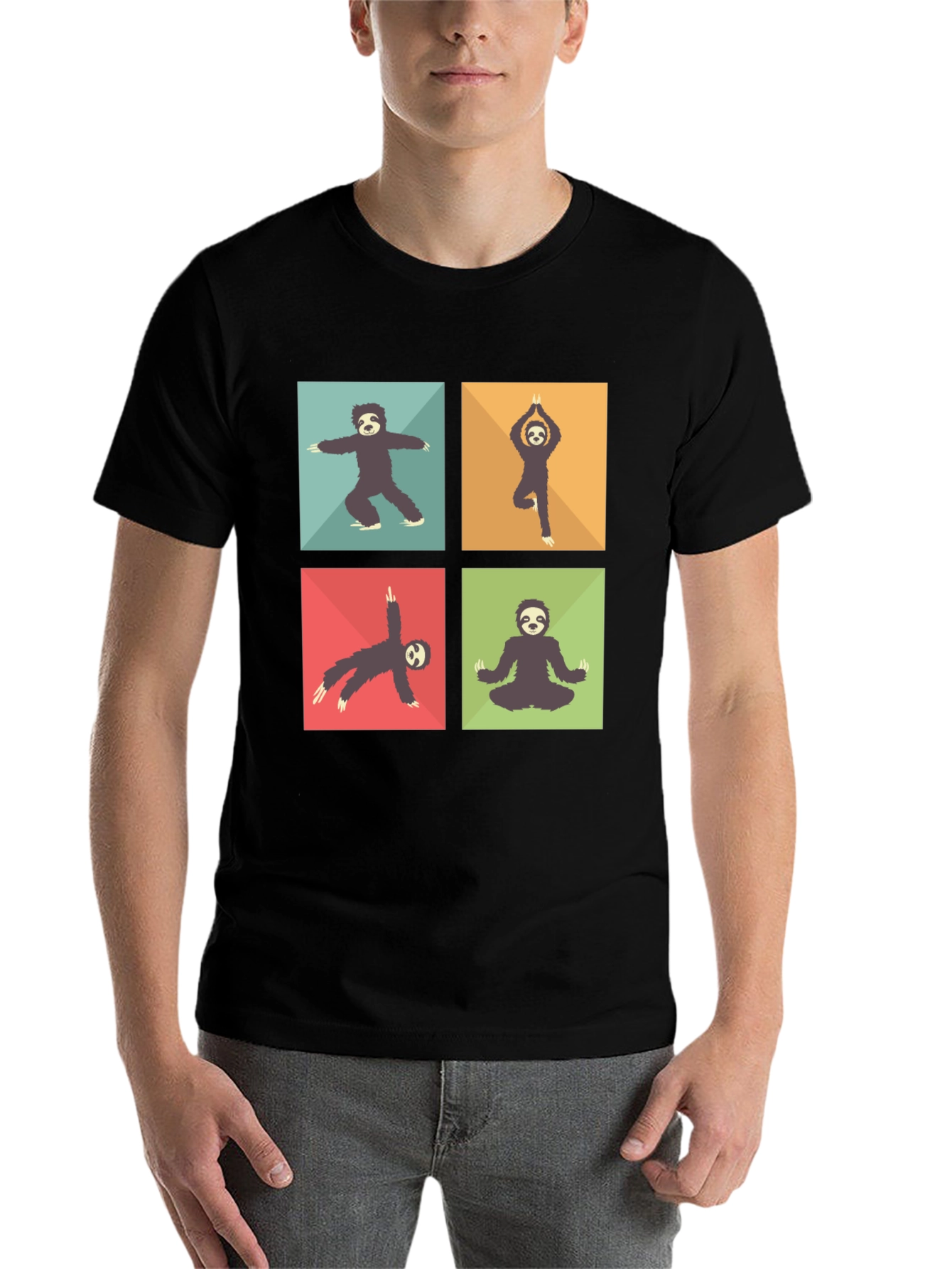 Black Sloth Yoga Poses T-Shirt Black Cotton Blend view 7