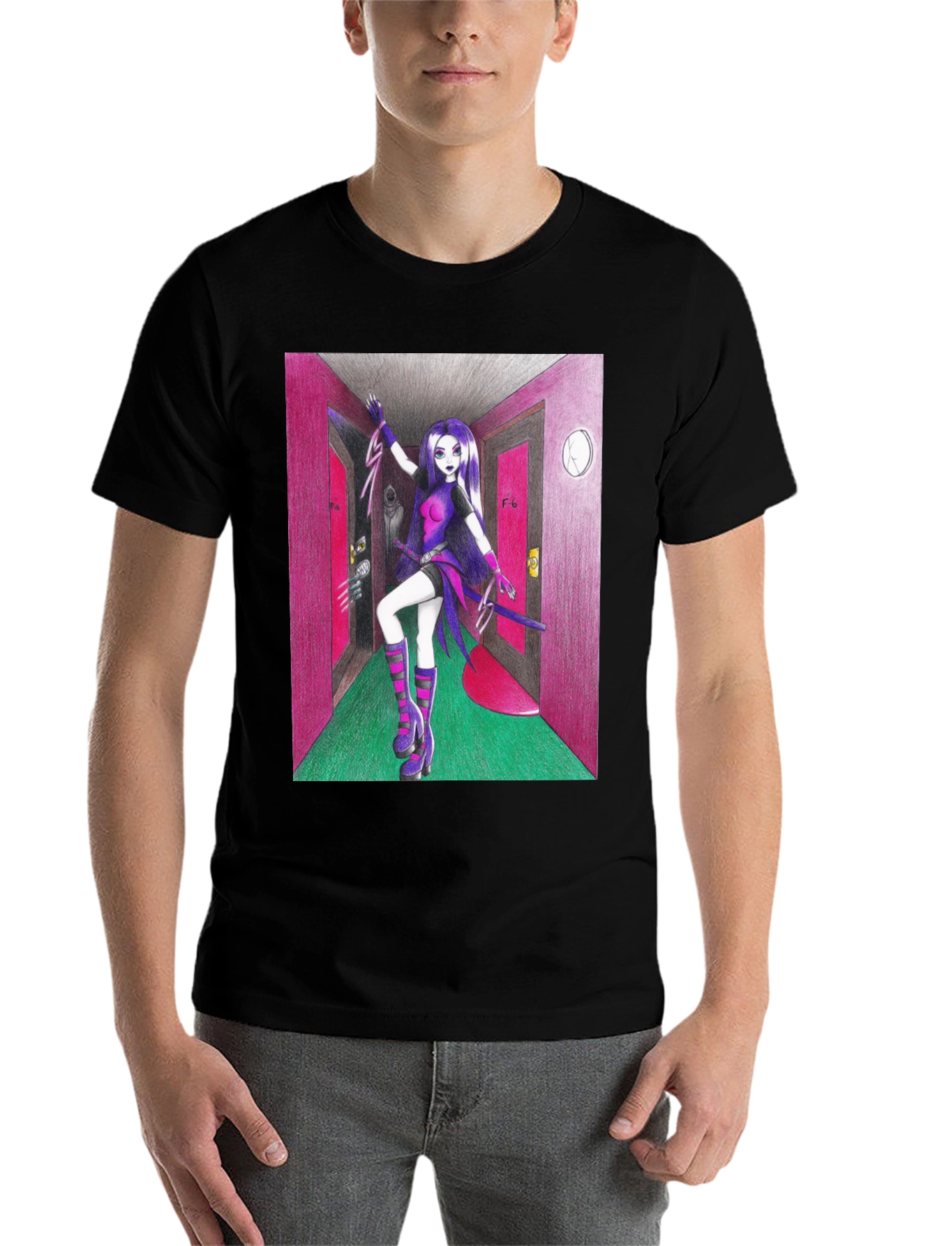 Black Anime Girl in Hallway Graphic Tee view 7