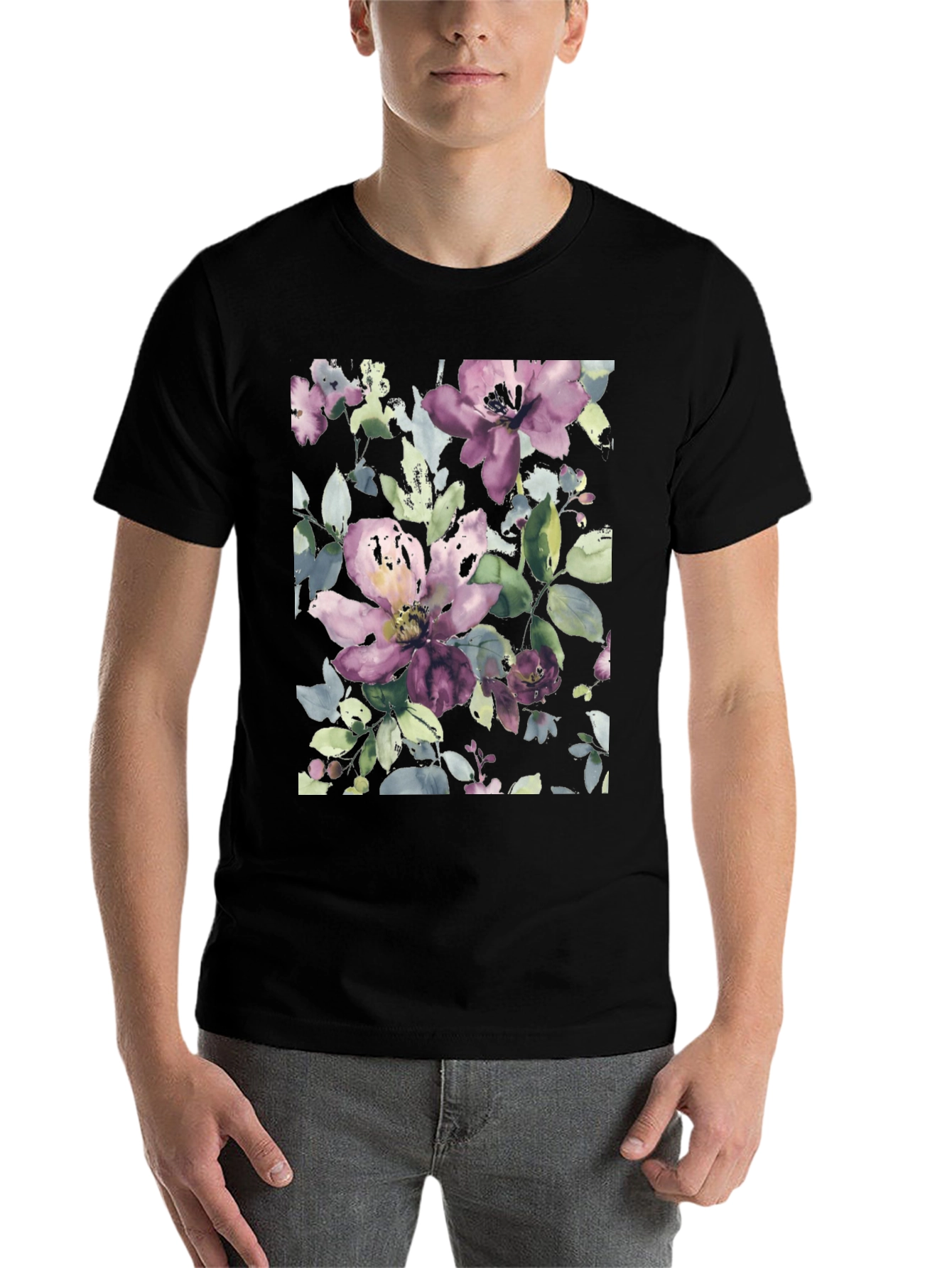 Black Floral Watercolor Print Black T-Shirt view 7