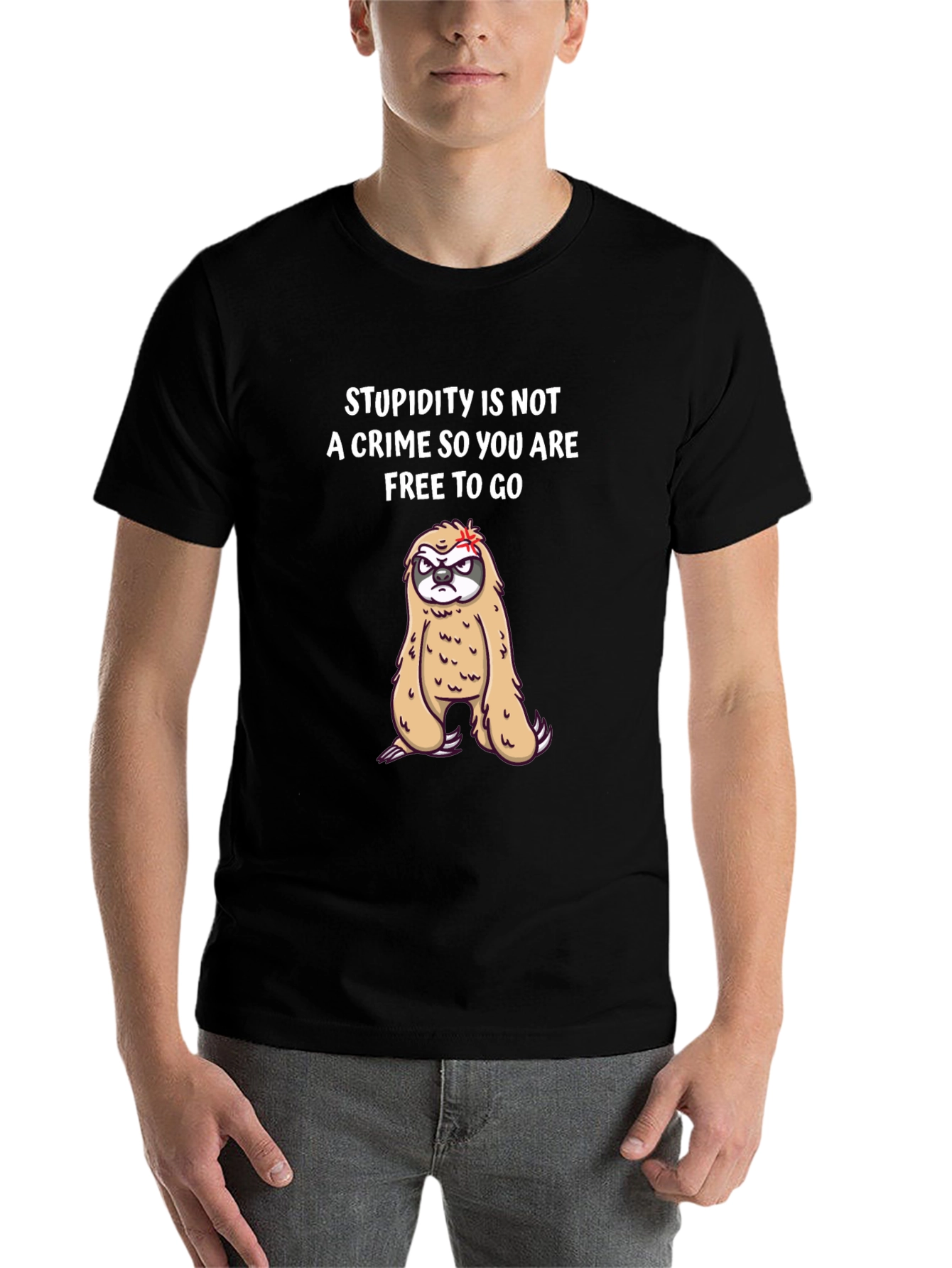 Black Funny Sloth T-Shirt: Stupidity Is Not A Crime Tee view 7