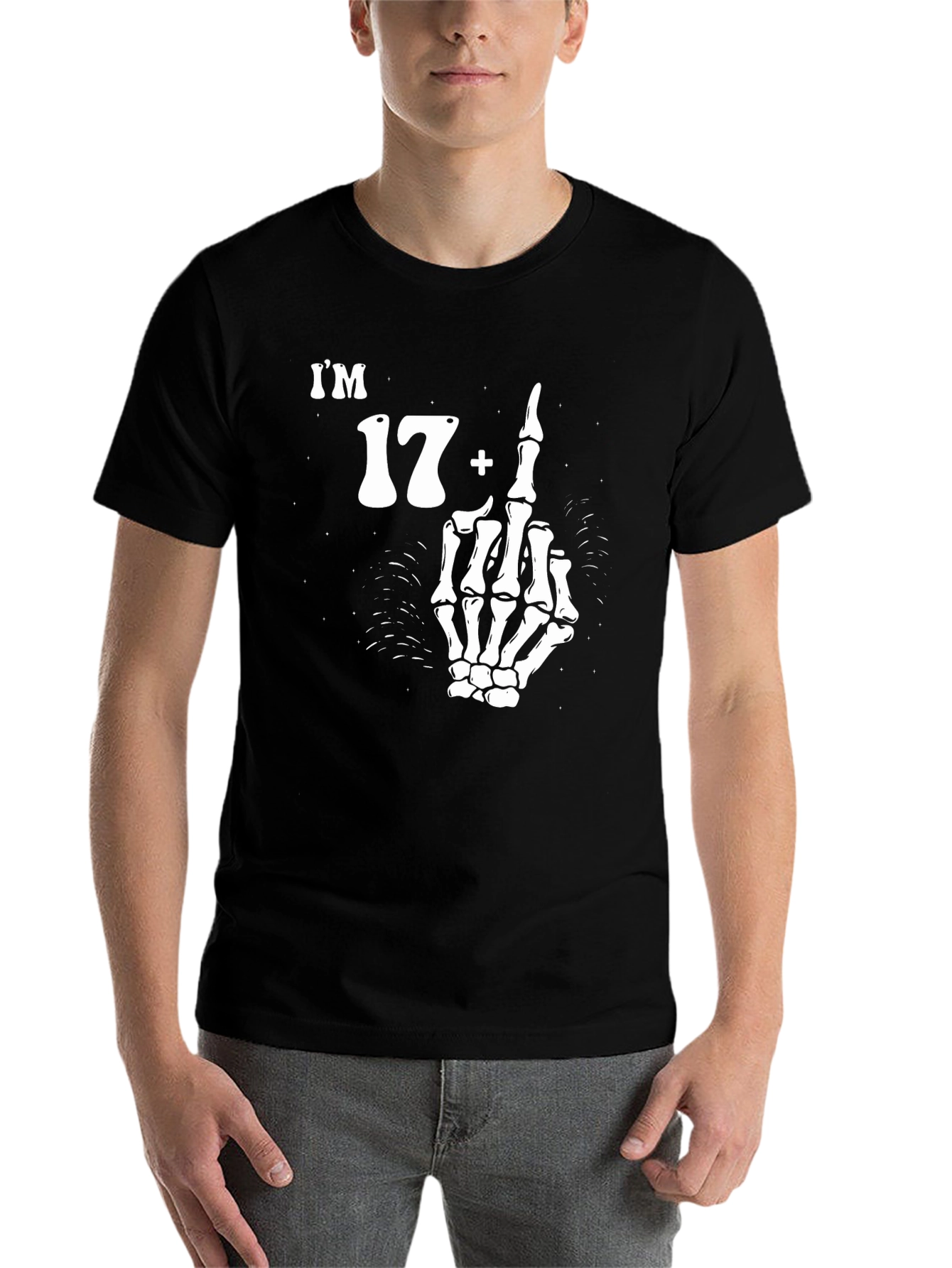 Black I'm 17 Plus 1 T-Shirt with Skeleton Middle Finger Graphic view 7