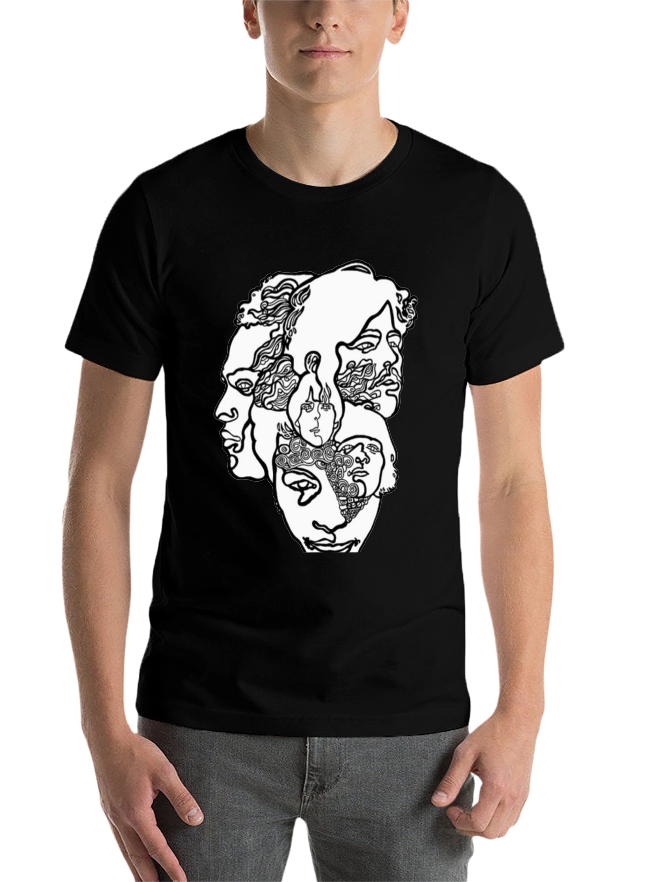 Black Abstract Faces Graphic T-Shirt - Unisex Crew Neck view 7