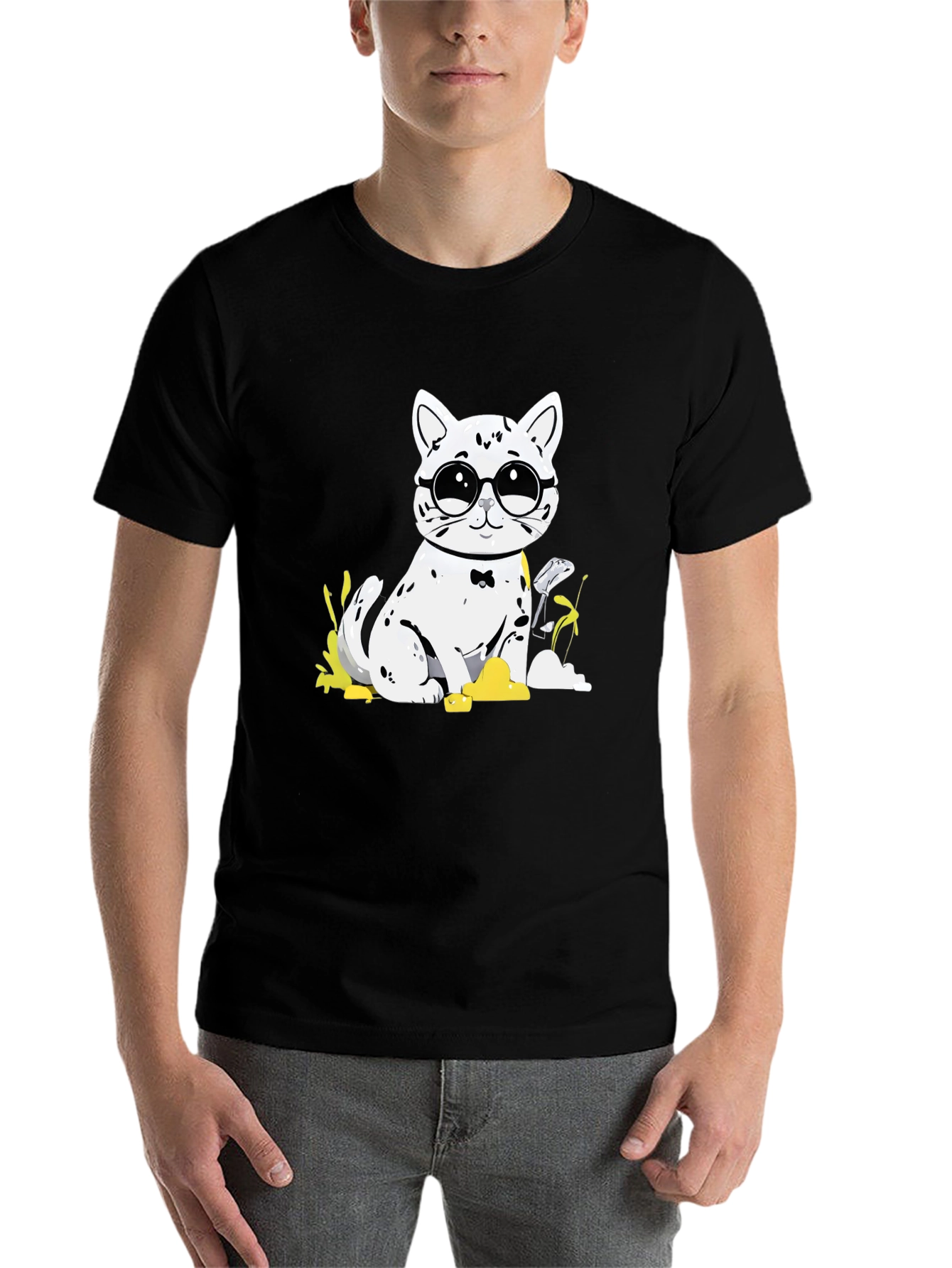 Black Cat with Glasses T-Shirt - Black Cotton Tee view 7